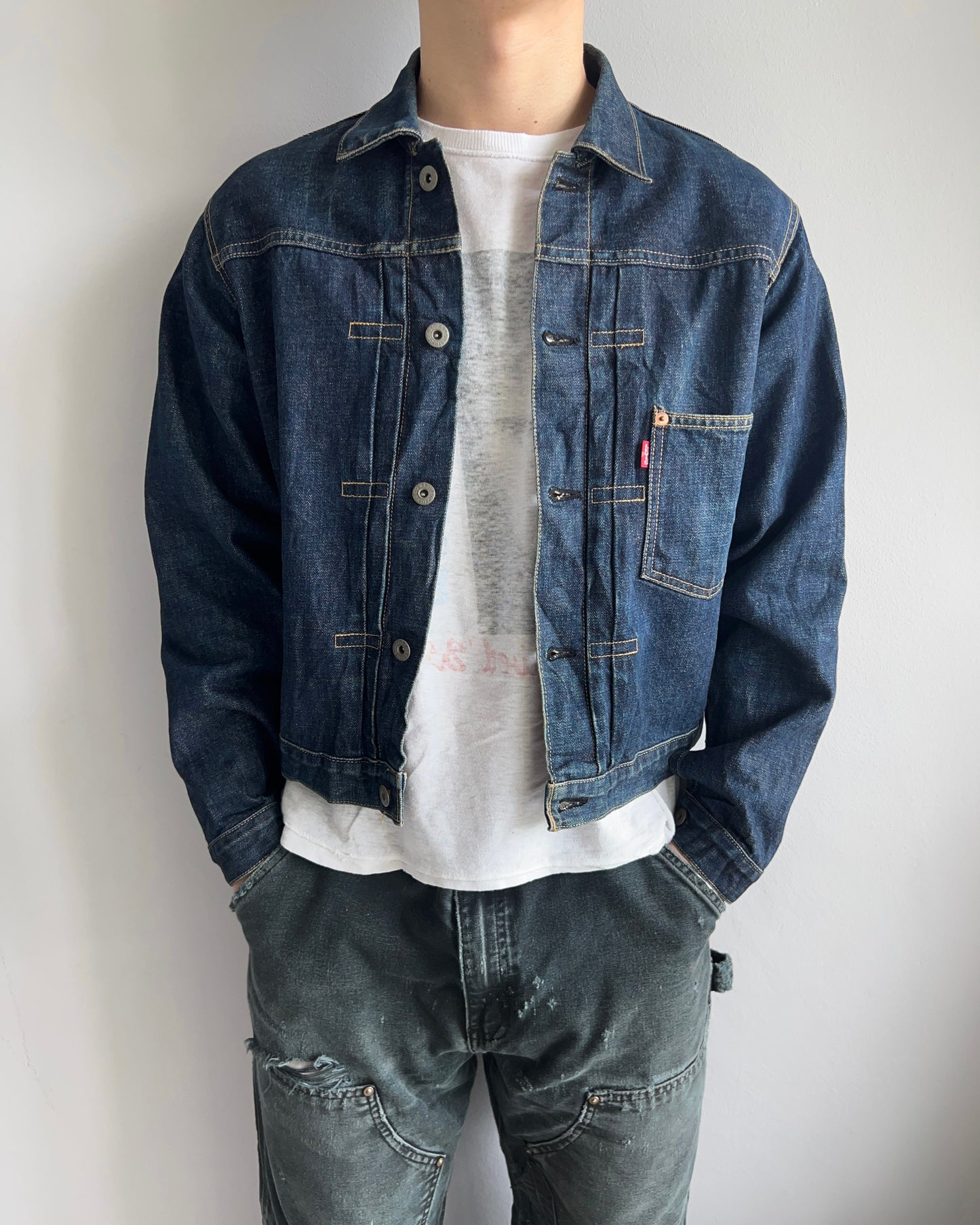 1990S DARK WASHED BIG E LEVI'S TYPE I SELVEDGE DENIM JACKET (M)
