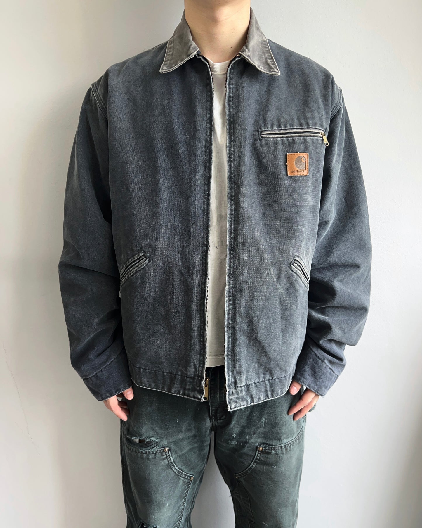 1990S BLUISH GREY CARHARTT DETROIT WORK JACKET (L)