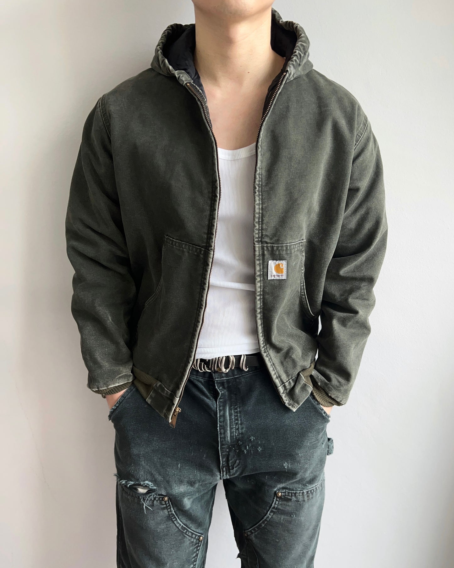 1990S MOSS GREEN CARHARTT HOODED WORK JACKET (M)