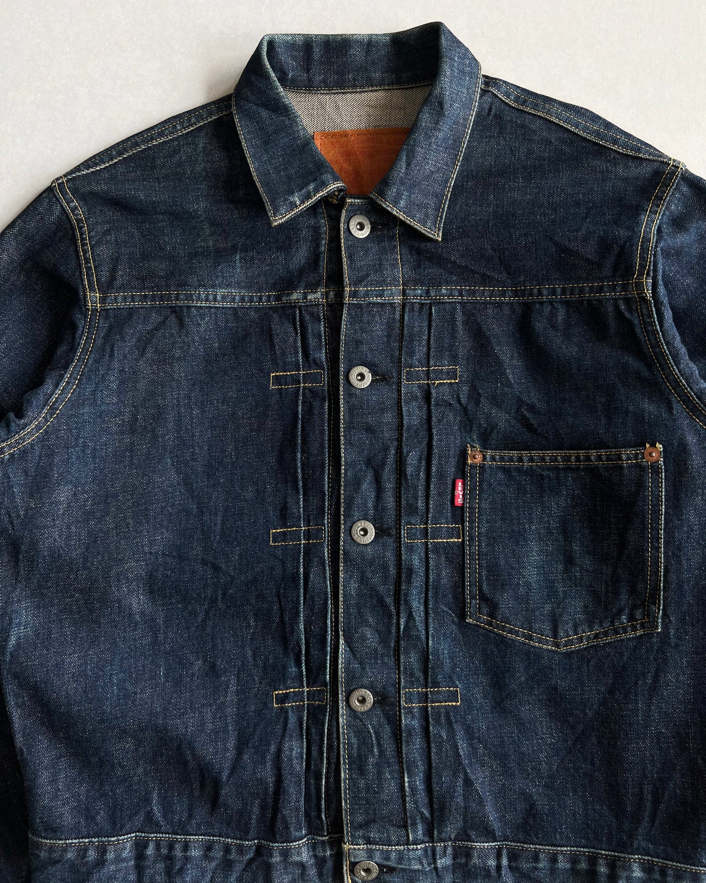 1990S DARK WASHED BIG E LEVI'S TYPE I SELVEDGE DENIM JACKET (M)