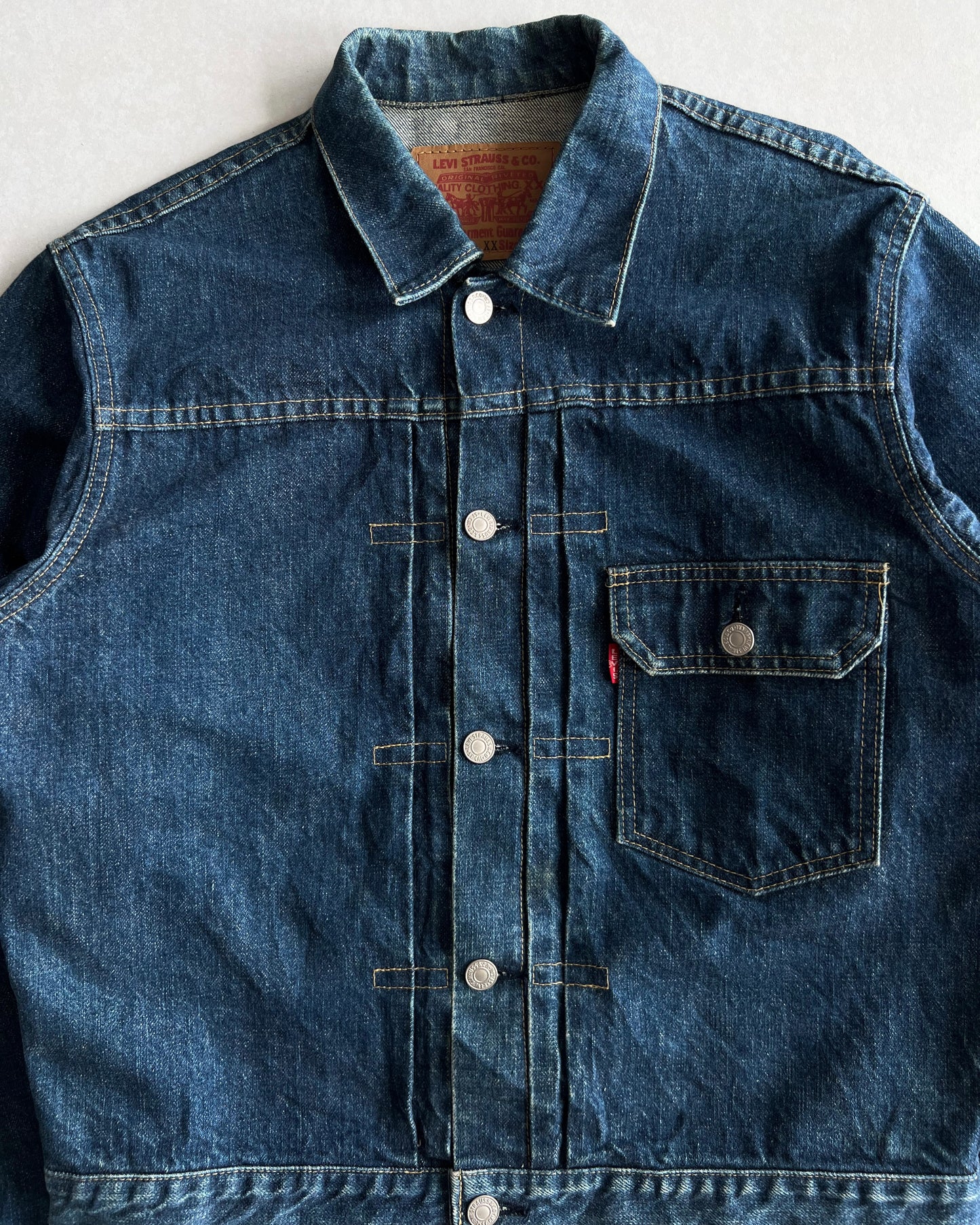 1990S DARK WASHED BIG E LEVI'S TYPE I SELVEDGE DENIM JACKET (S-L)