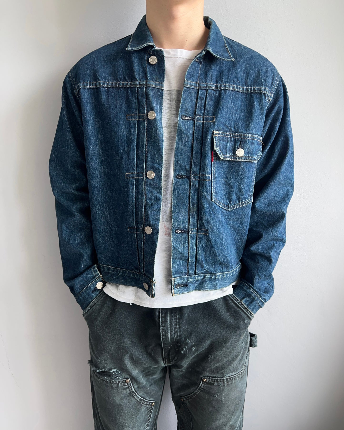 1990S DARK WASHED BIG E LEVI'S TYPE I SELVEDGE DENIM JACKET (S-L)