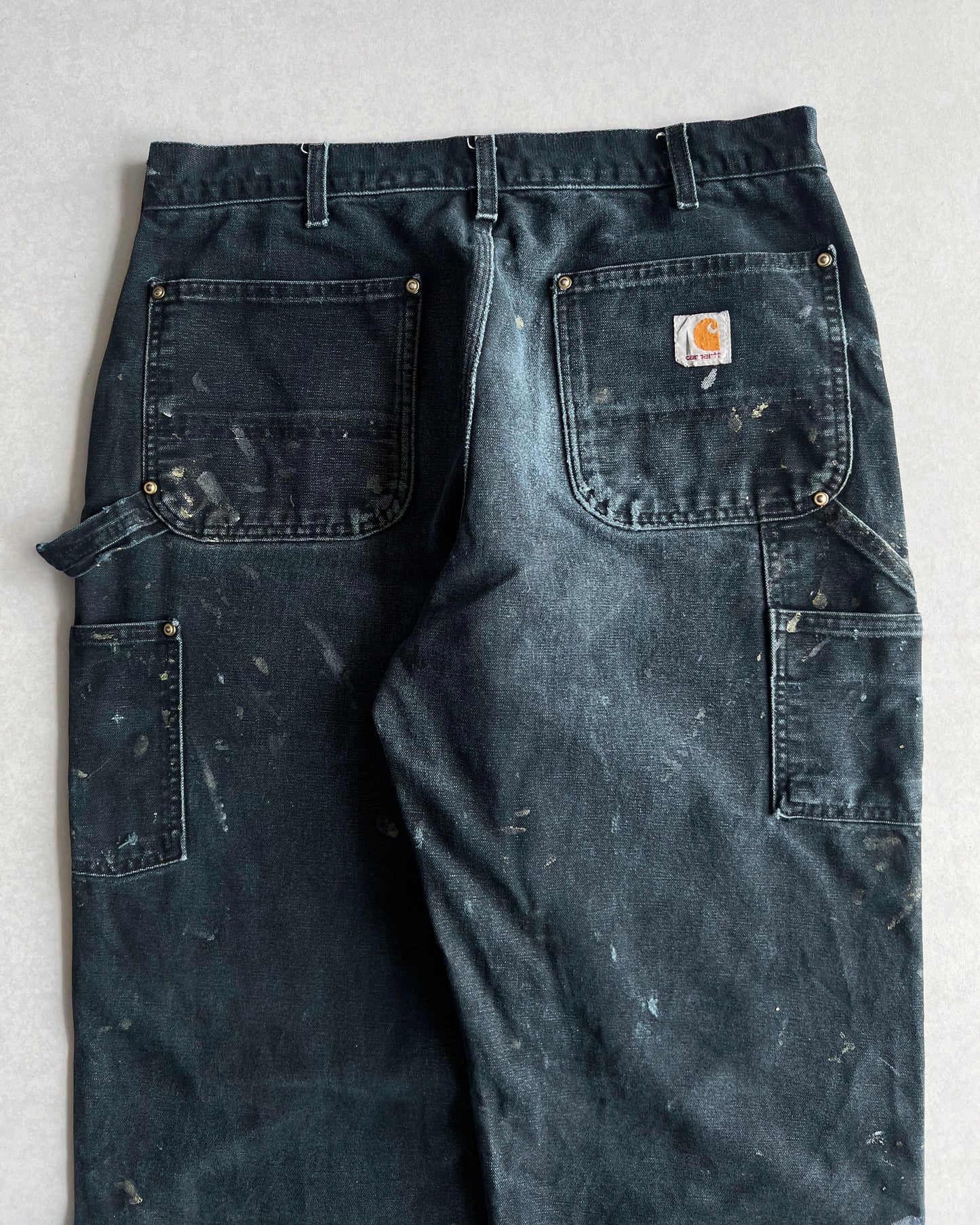 1990S FADED BLACK CARHARTT DOUBLE KNEE PAINTED PANTS (34X32)