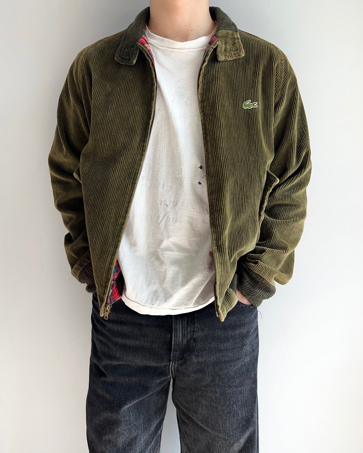 1980S OLIVE LACOSTE CORDUROY HARRINGTON JACKET (M)