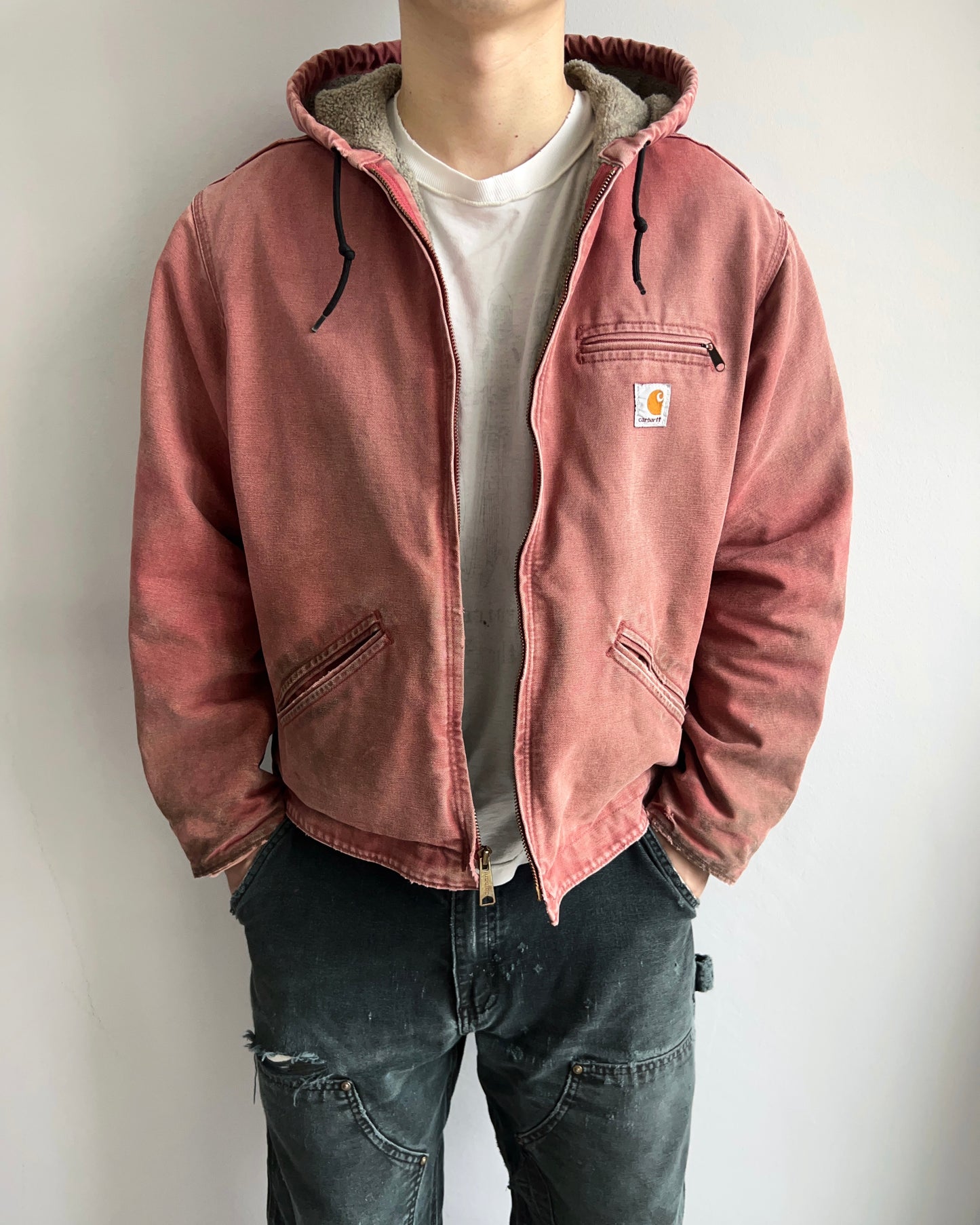 1990S SALMON PINK CARHARTT DETROIT HOODED WORK JACKET (M/L)