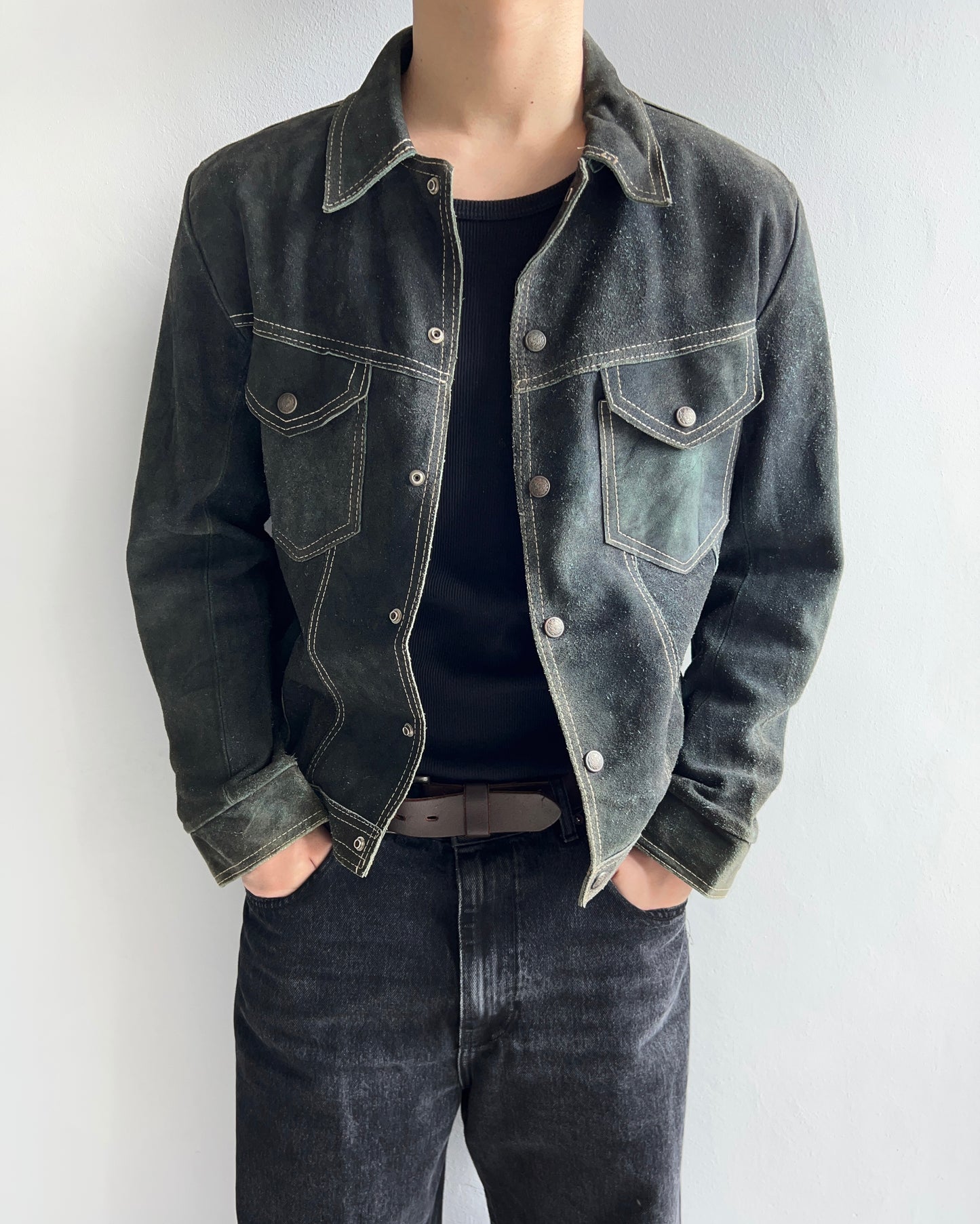 1970S MOSS GREEN SUEDE TRUCKER JACKET (M)