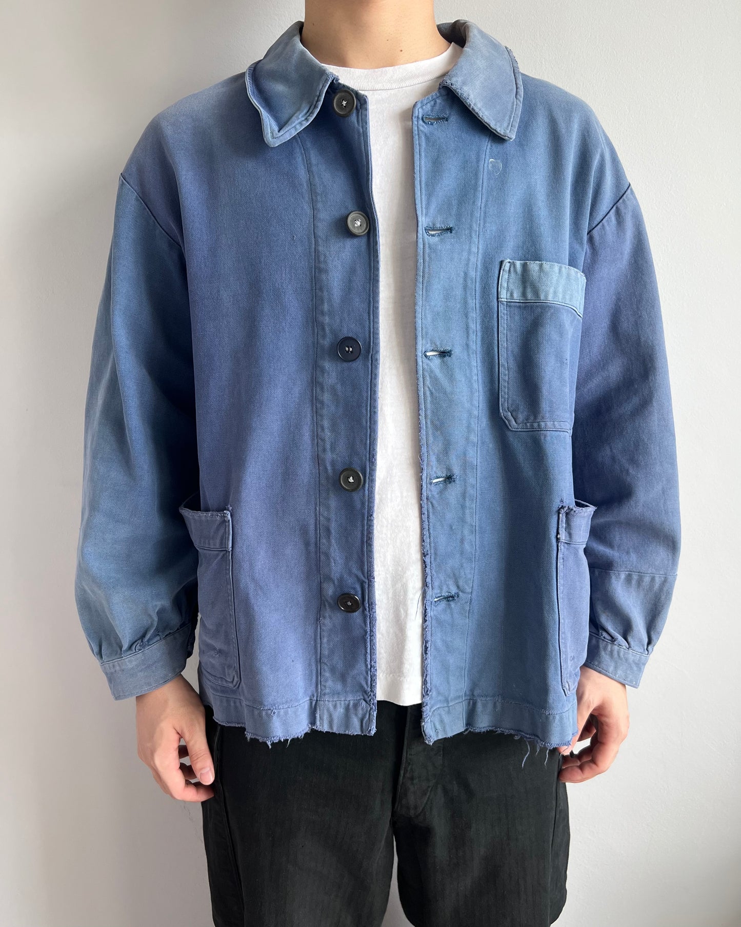 1950S FADED ROUND COLALR FRENCH WORK JACKET (L)