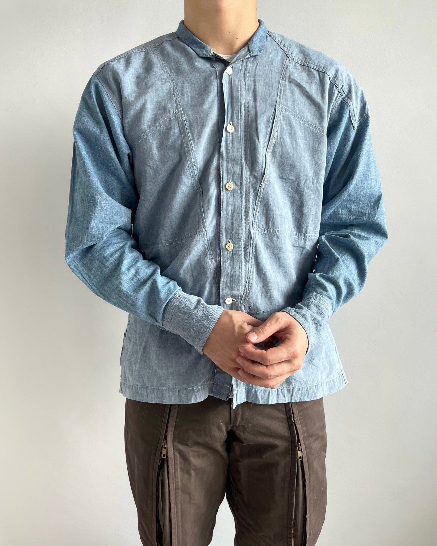 1980S ISSEY MIYAKE SKYLINE TWO-TONE STAND COLLAR SHIRT (M)