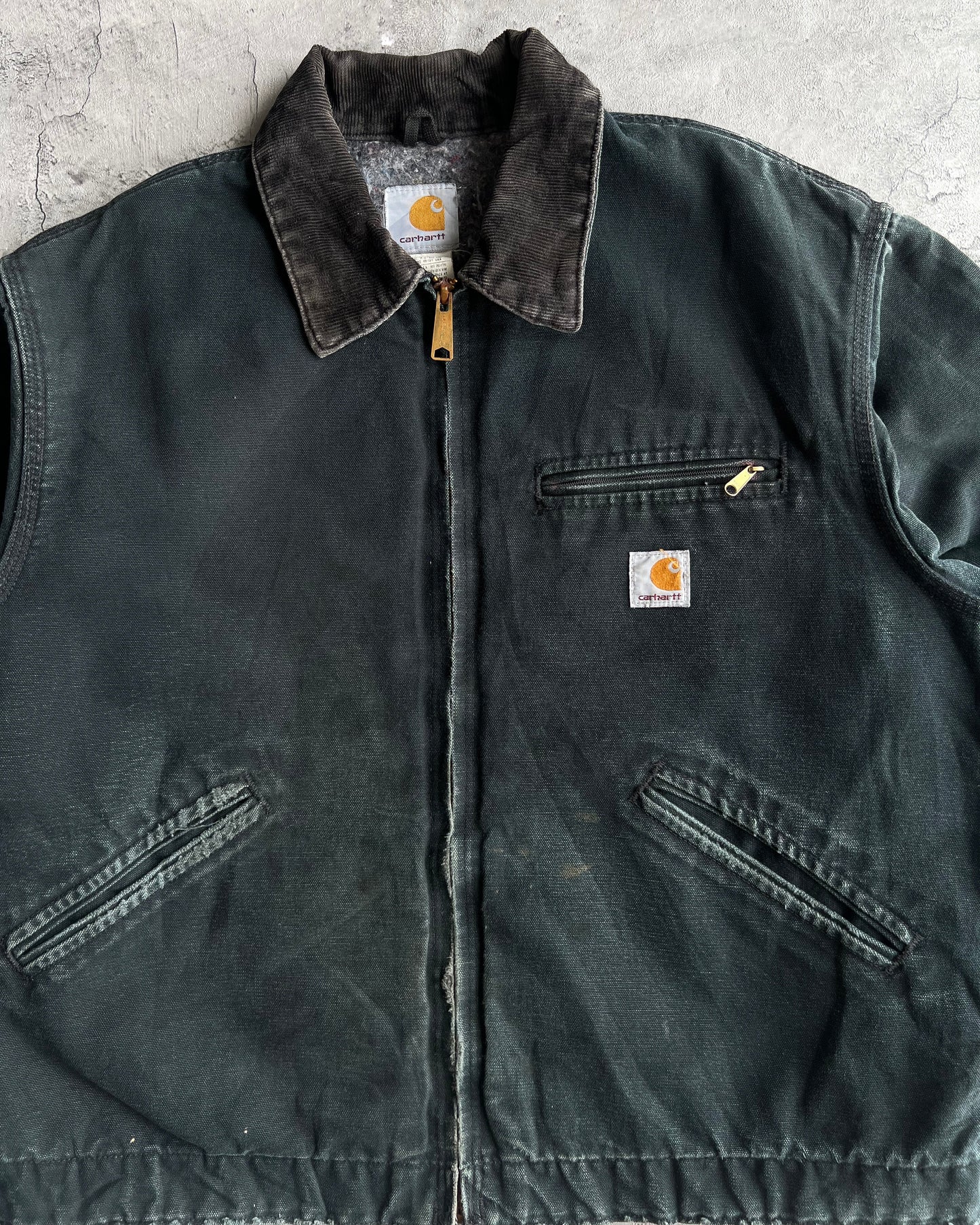 1990S FADED BLACK/MOSS GREEN CARHARTT DETROIT WORK JACKET (M/L)