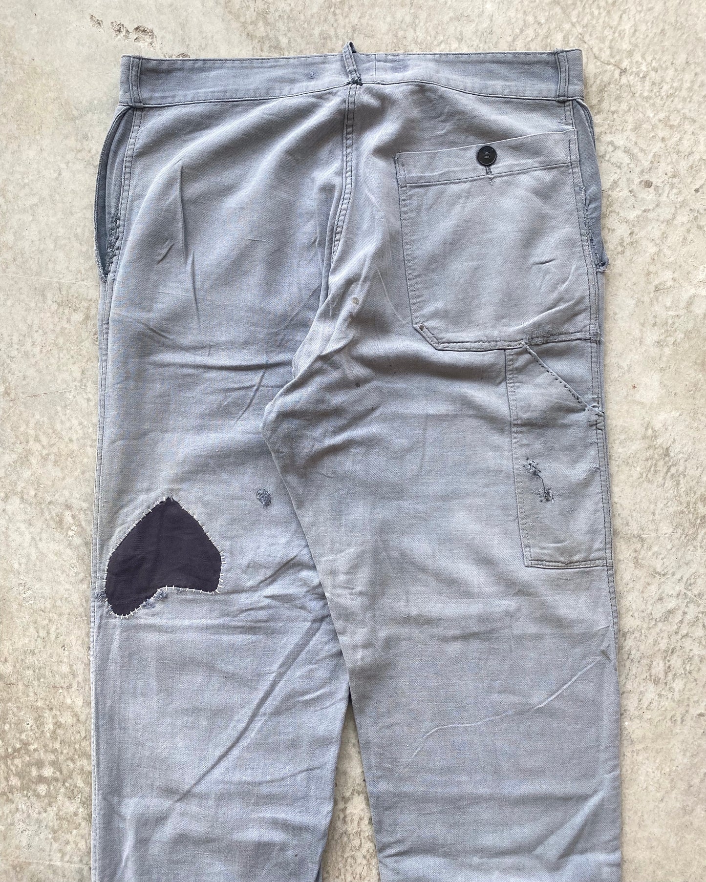 1960S FADED GREY FRENCH WORKWEAR REPAIRED TROUSERS
