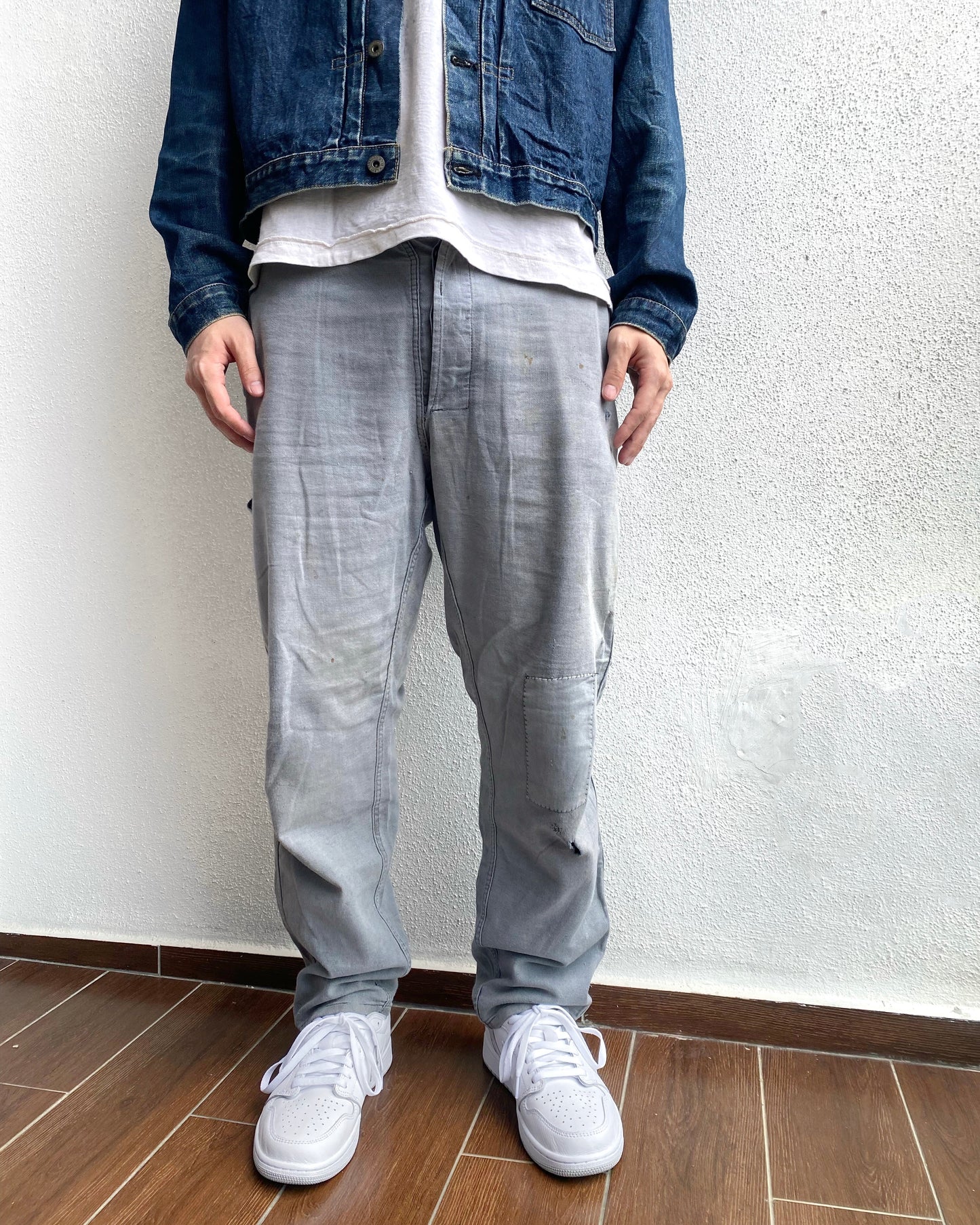 1960S FADED GREY FRENCH WORKWEAR REPAIRED TROUSERS