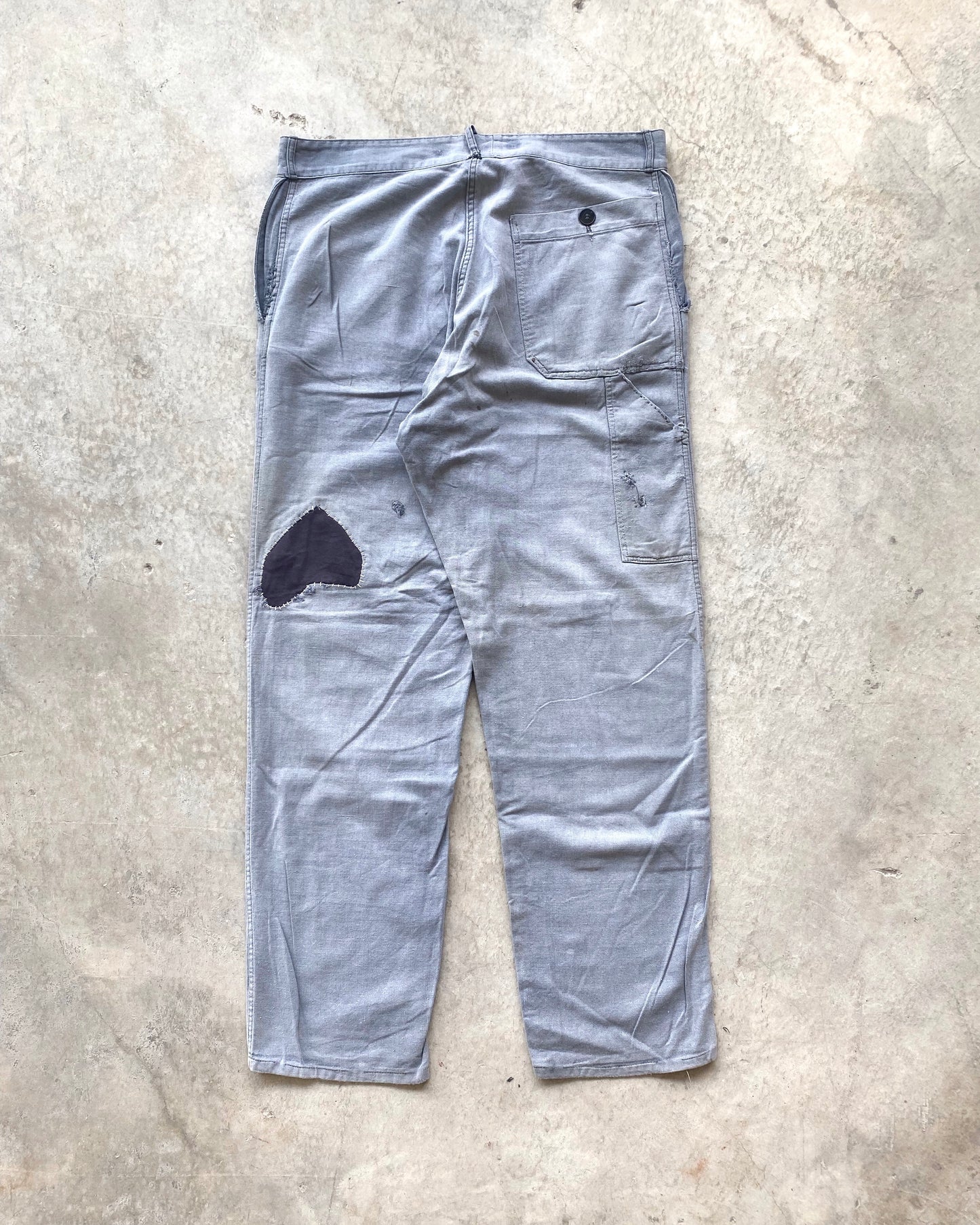 1960S FADED GREY FRENCH WORKWEAR REPAIRED TROUSERS