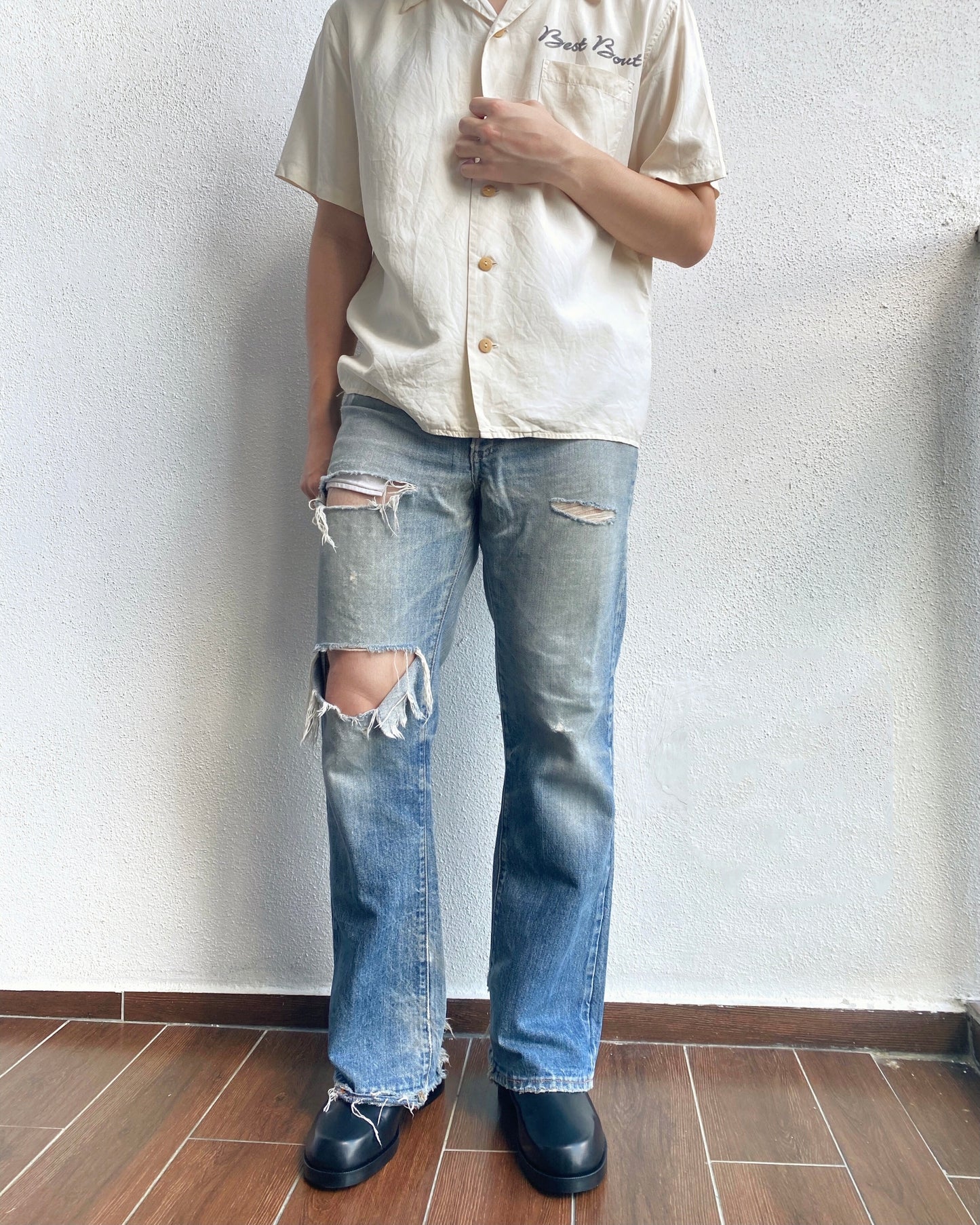 1970S FADED WASHED LEVI'S 517 DISTRESSED FLARE JEANS (32X30)