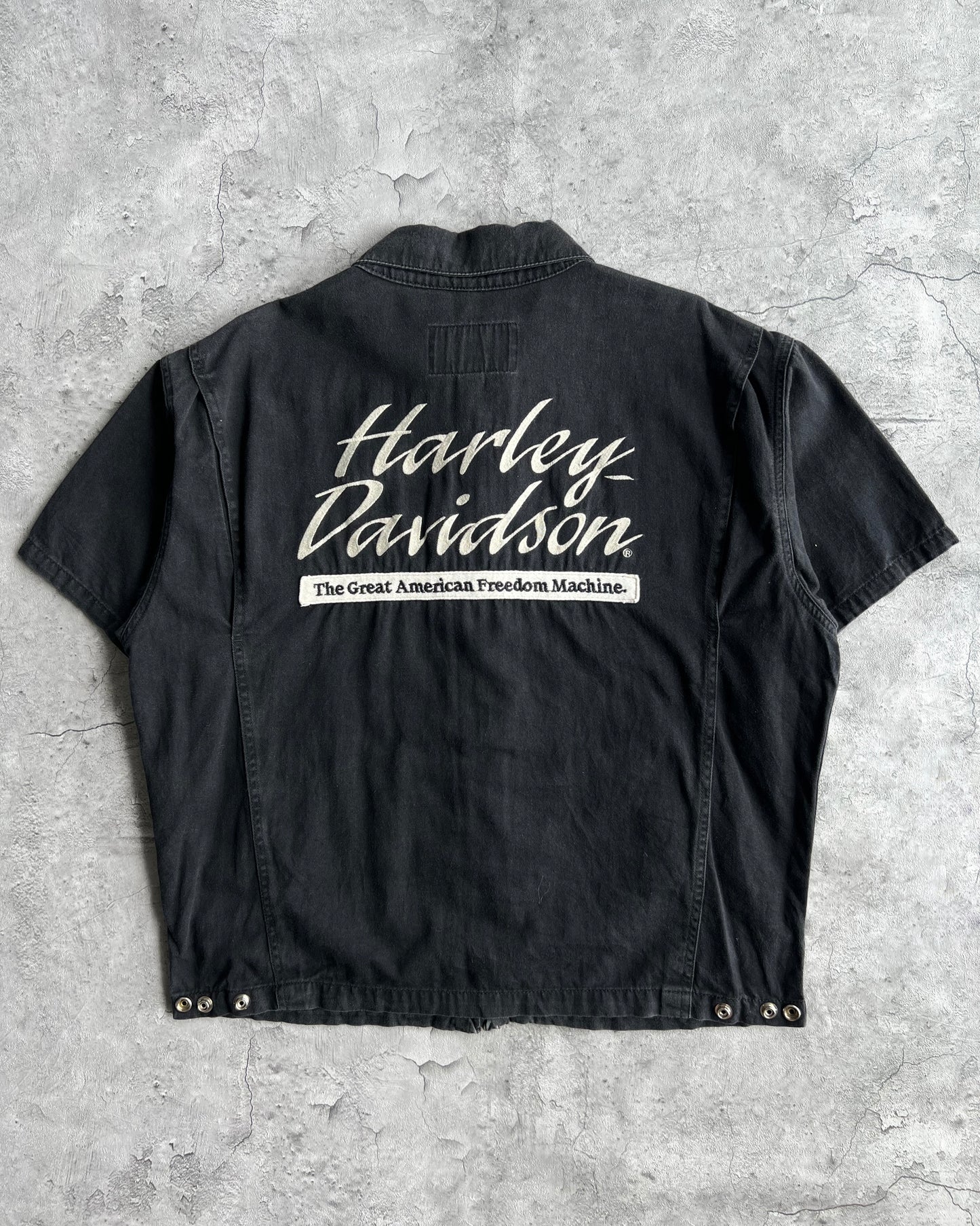 2000S FADED BLACK HARLEY DAVIDSON ZIP-UP WORK SHIRT (L)