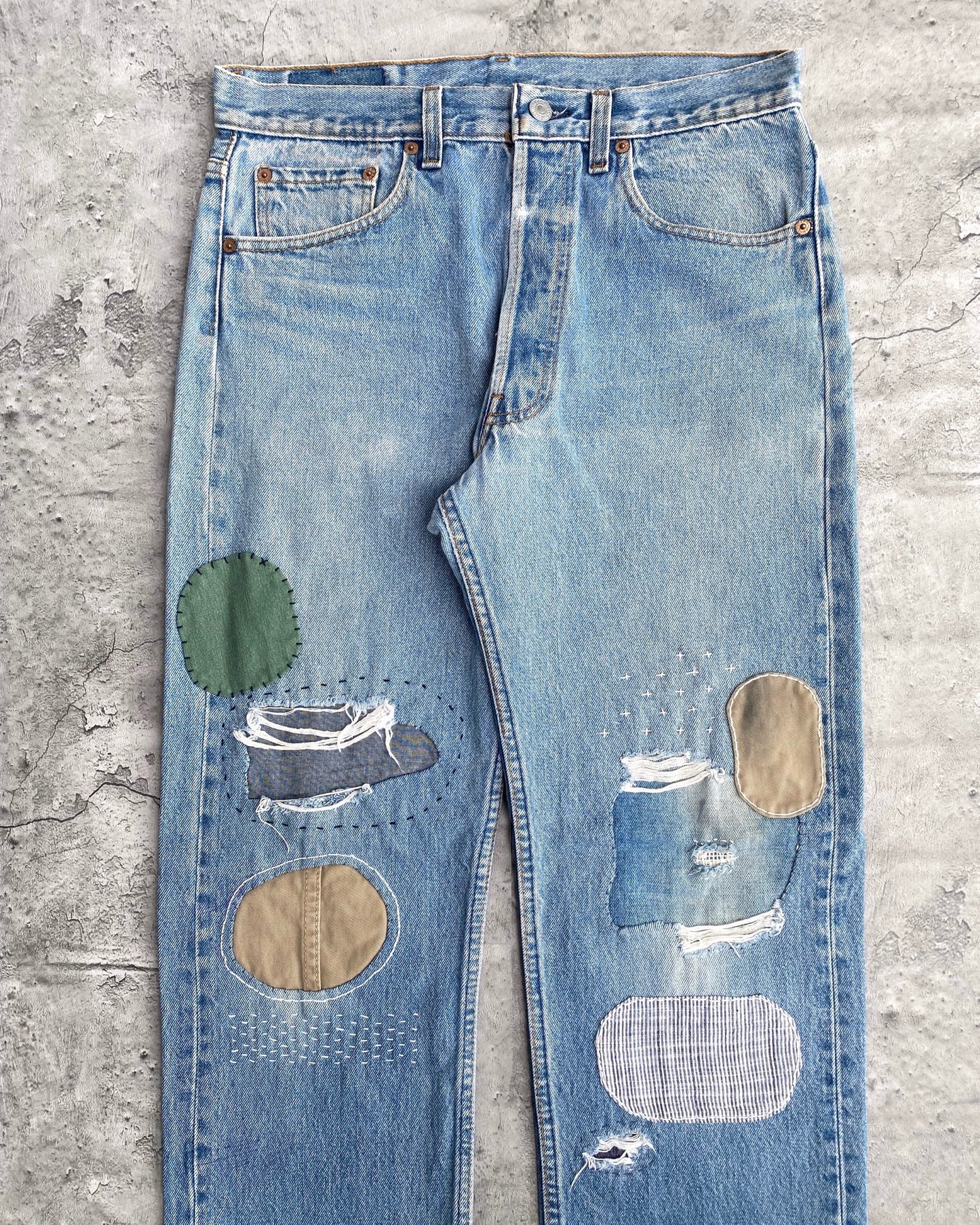 1990S FADED WASHED LEVI'S 501 SASHIKO REPAIRED JEANS (32X32)