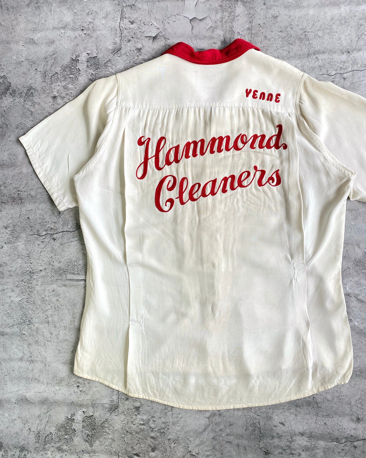 1950S 'HAMMOND CLEANERS' RAYON BOWLING SHIRT (M/L)
