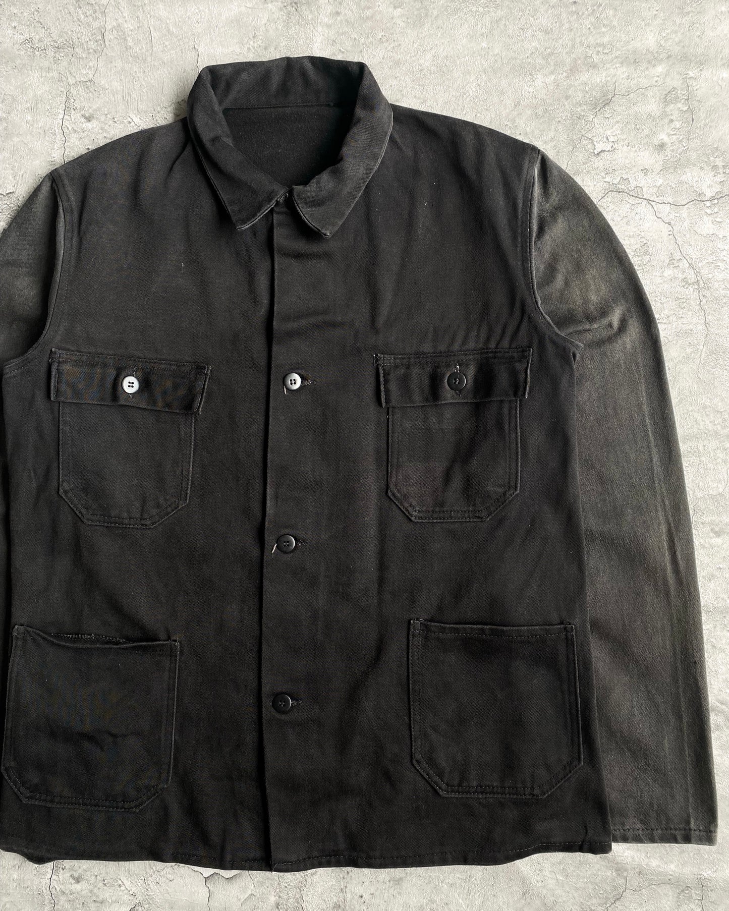 1970S BLACK MOLESKIN FRENCH WORKWEAR JACKET (M/L)