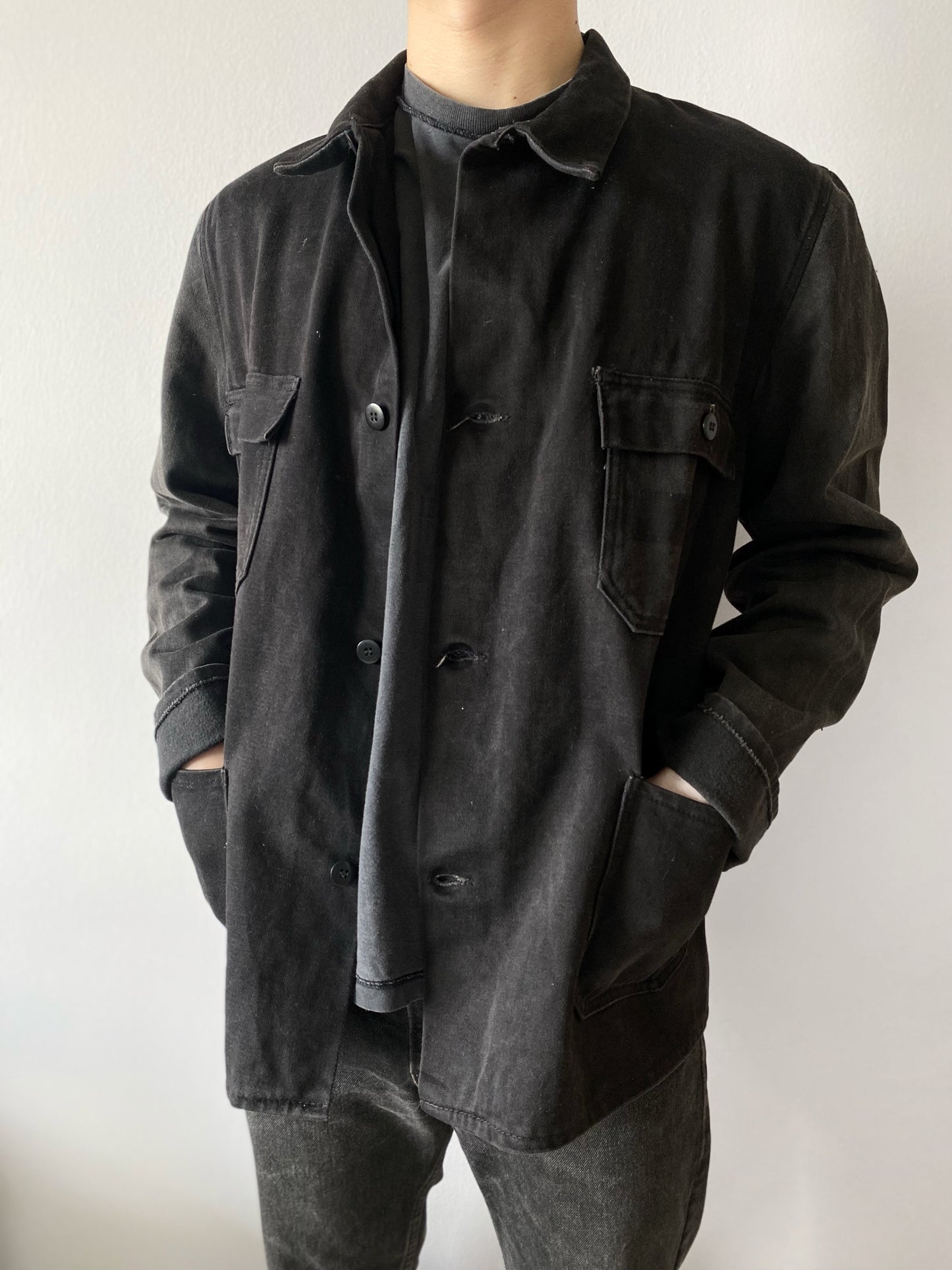 1970S BLACK MOLESKIN FRENCH WORKWEAR JACKET (M/L)
