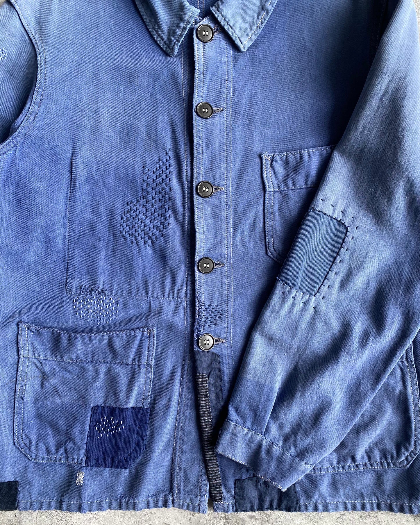 1950S ROUND COLLAR PATCHED FRENCH WORKWEAR (S-L)