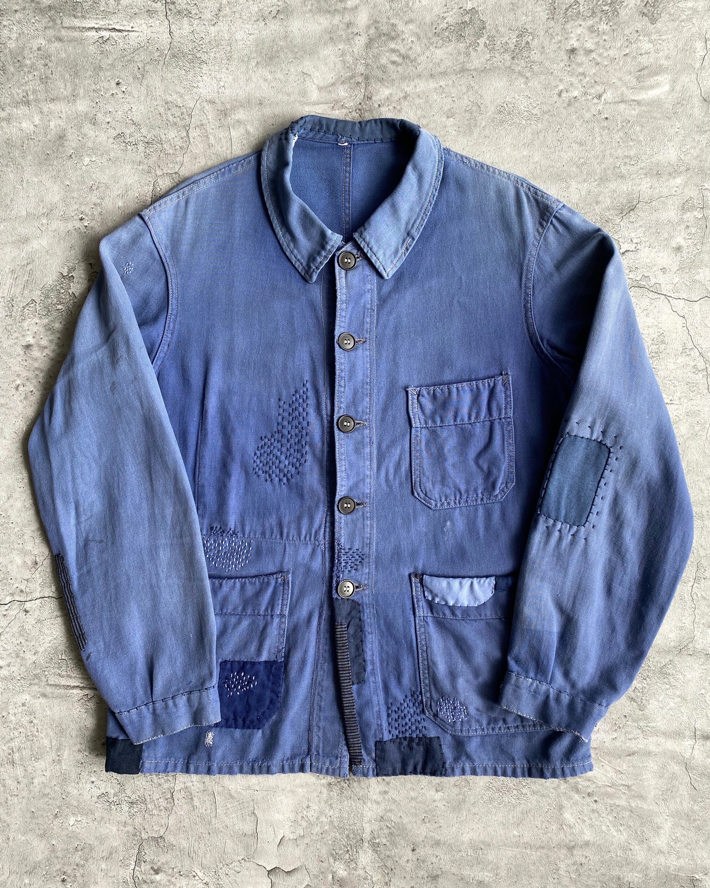 1950S ROUND COLLAR PATCHED FRENCH WORKWEAR (S-L)