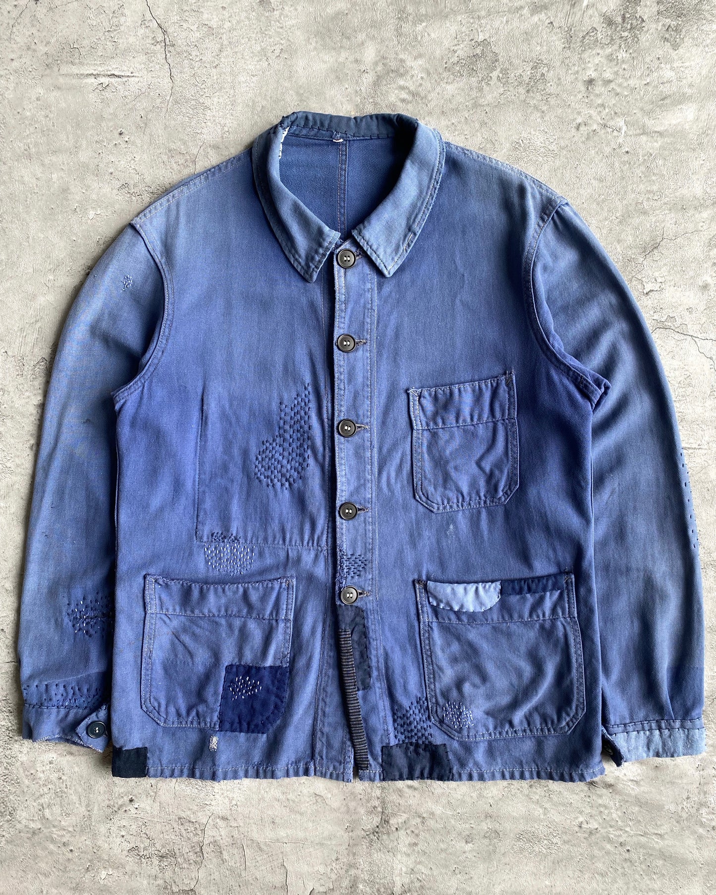 1950S ROUND COLLAR PATCHED FRENCH WORKWEAR (S-L)