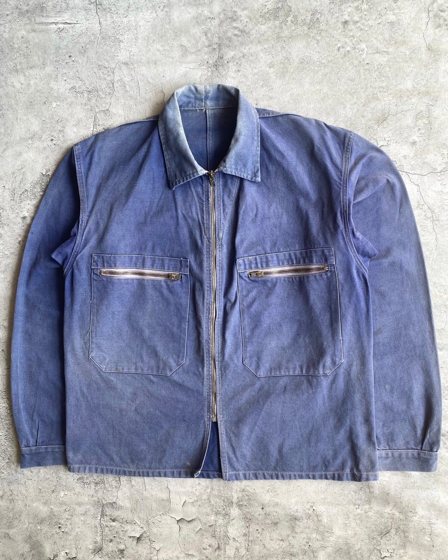 1960S SUN FADED INDIGO FRENCH WORK ZIP UP JACKET (M/L)