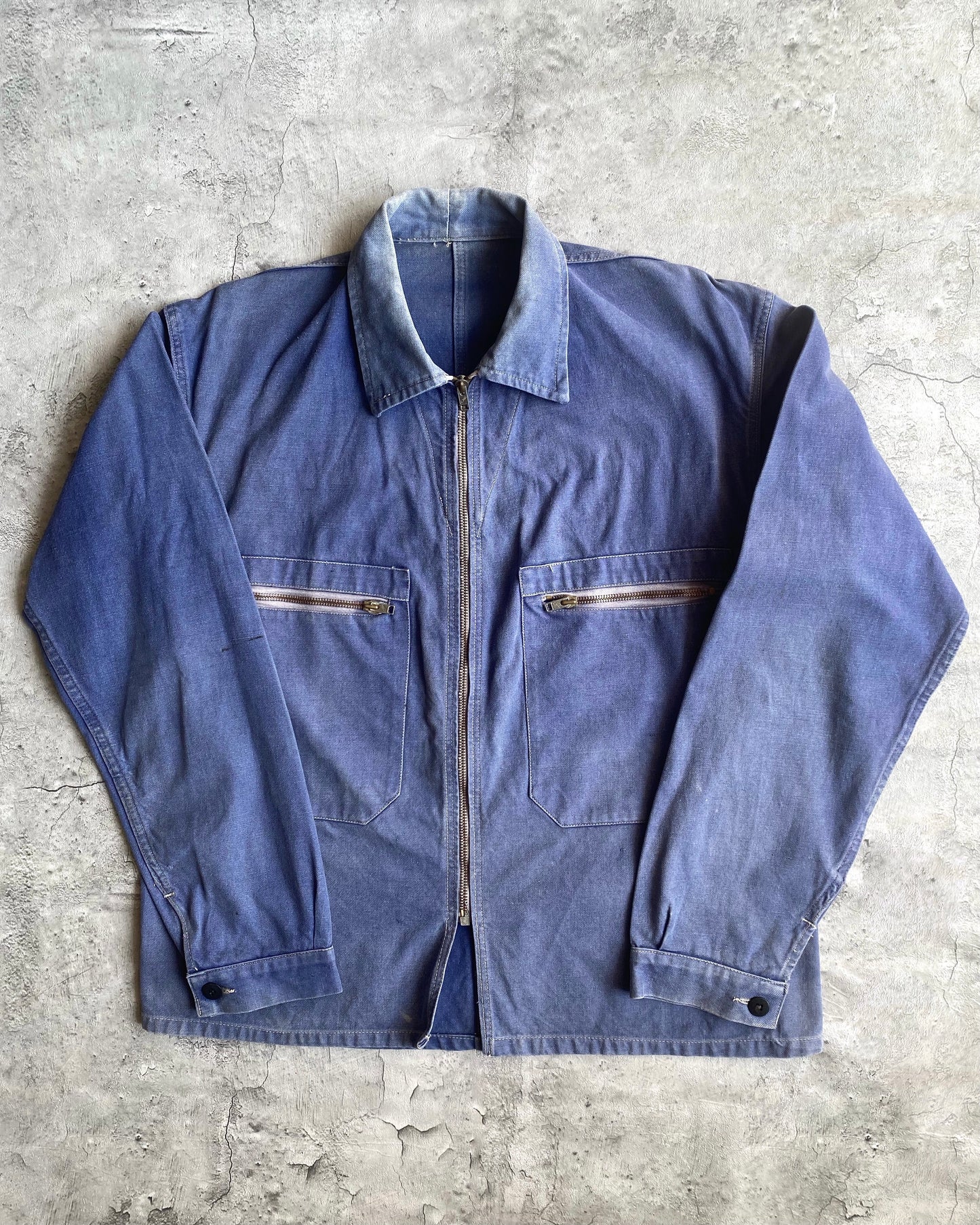 1960S SUN FADED INDIGO FRENCH WORK ZIP UP JACKET (M/L)