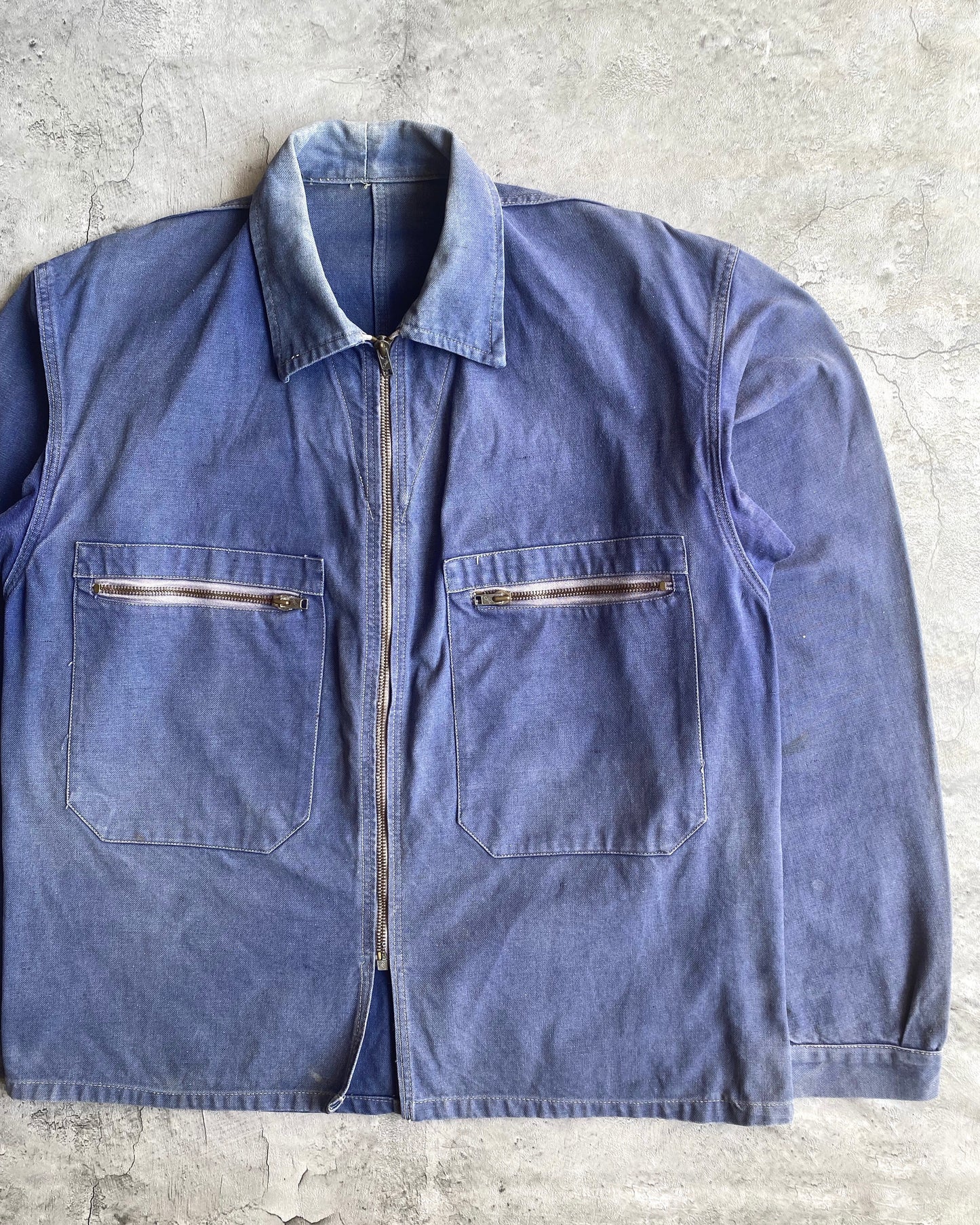 1960S SUN FADED INDIGO FRENCH WORK ZIP UP JACKET (M/L)