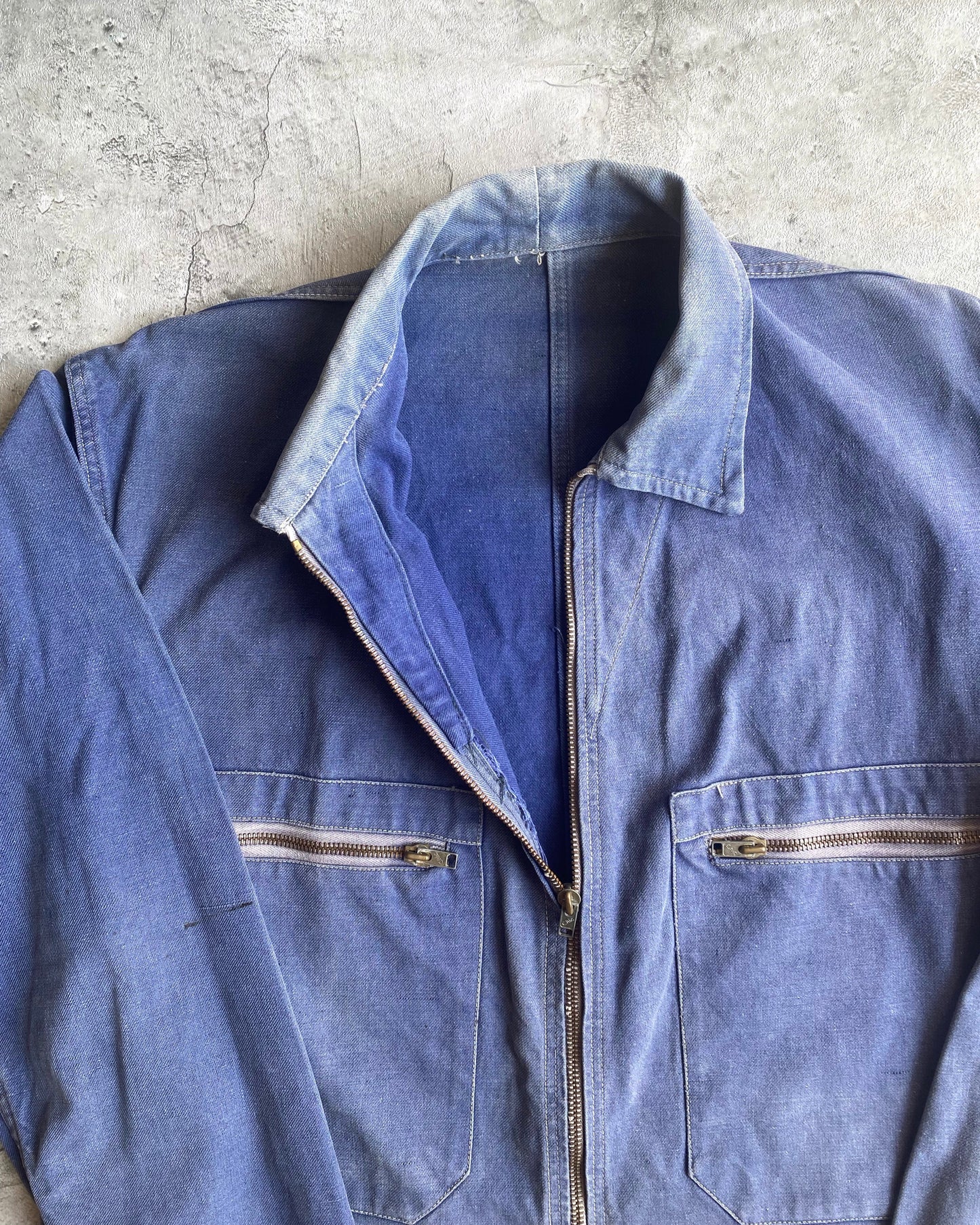 1960S SUN FADED INDIGO FRENCH WORK ZIP UP JACKET (M/L)