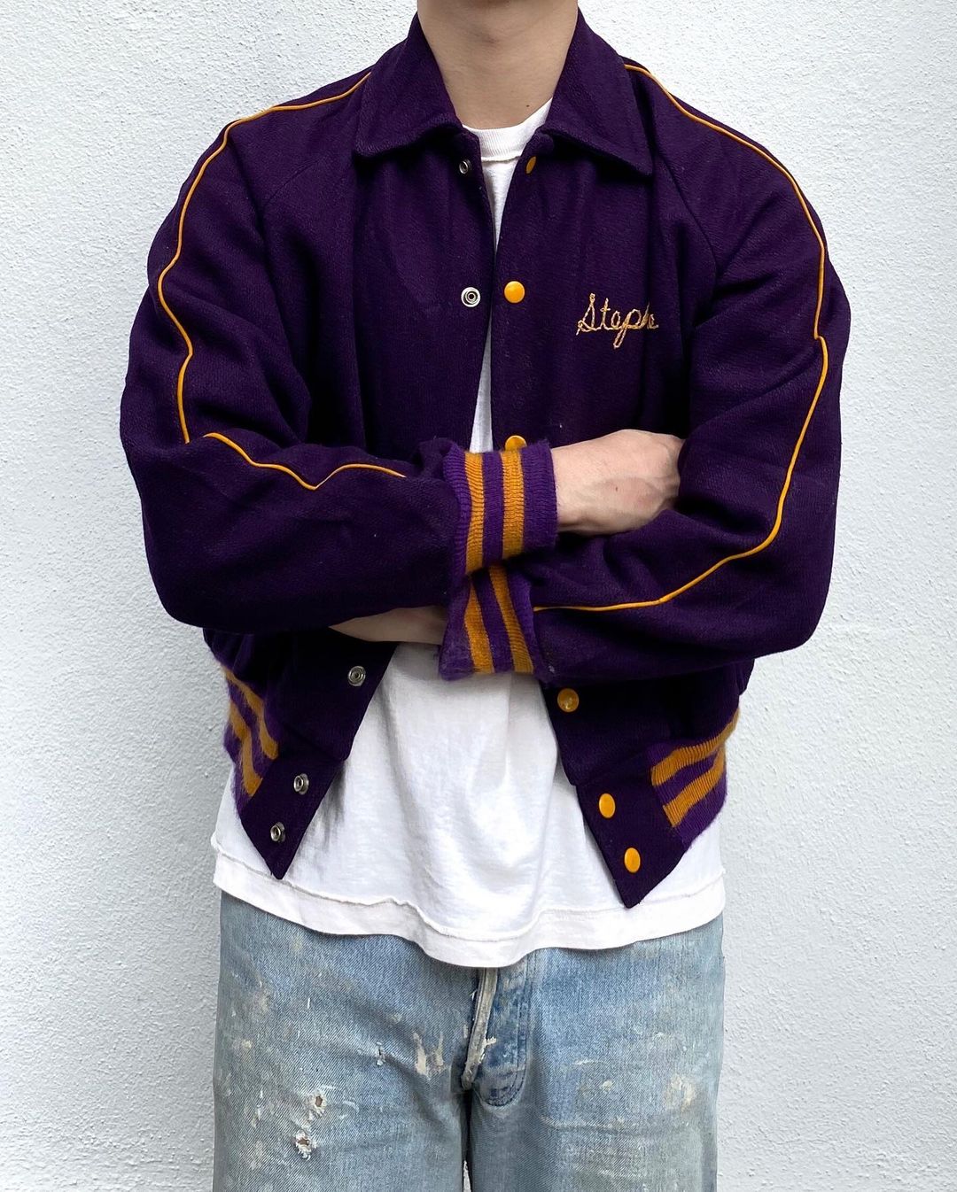 1980S “STEPHANIE CLYDE” CHAIN STITCHED VARSITY JACKET (M/L)