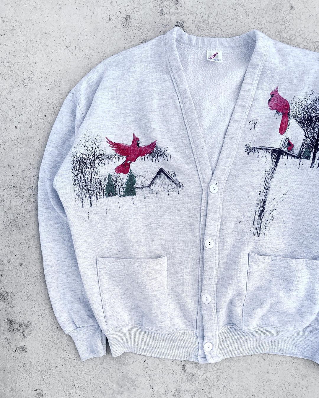 1980S JERZEES 50/50 HEATHER GREY PRINTED CARDIGAN (OS)