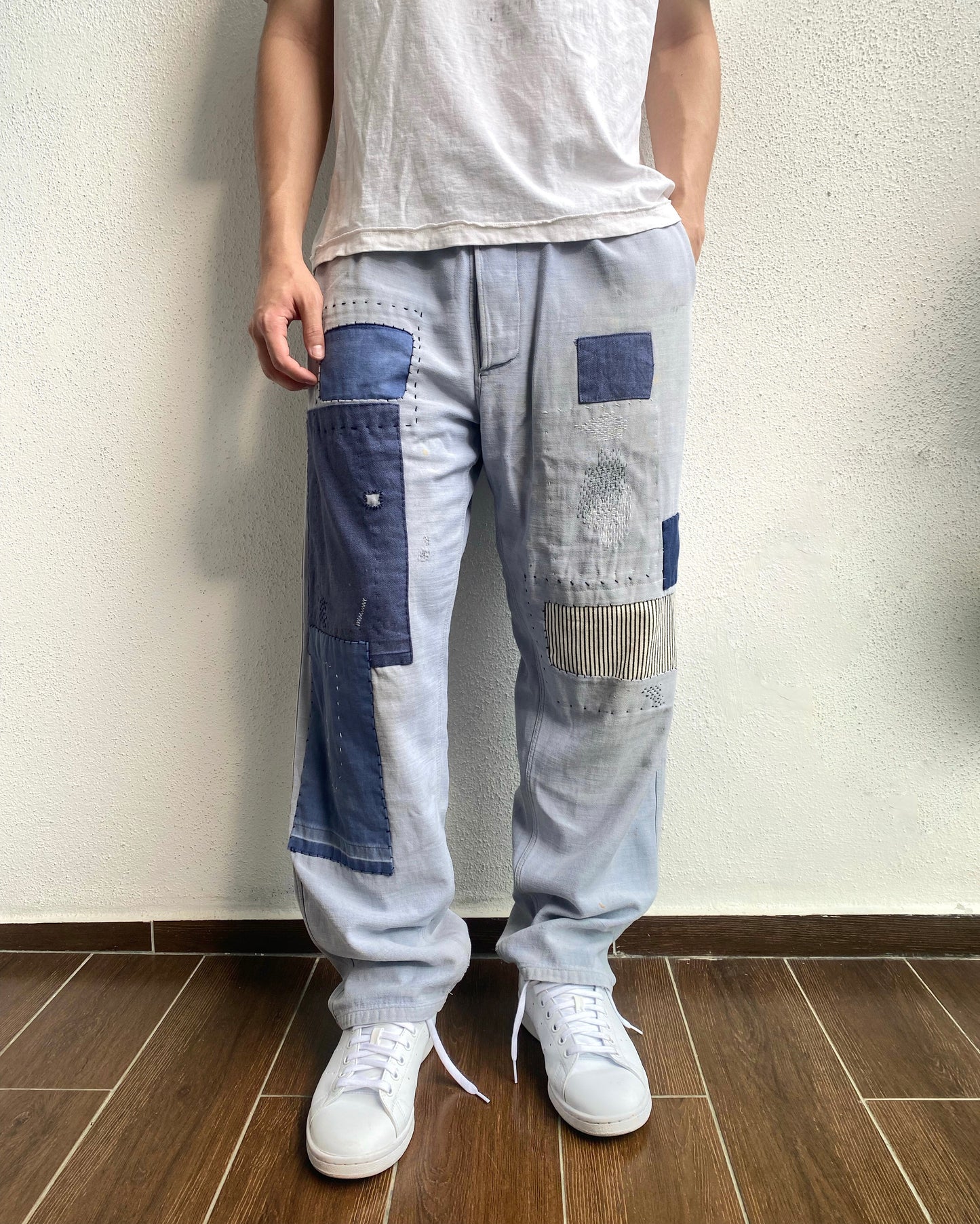 1960S FADED BLUE REPAIRED FRENCH WORK TROUSERS (35x30)
