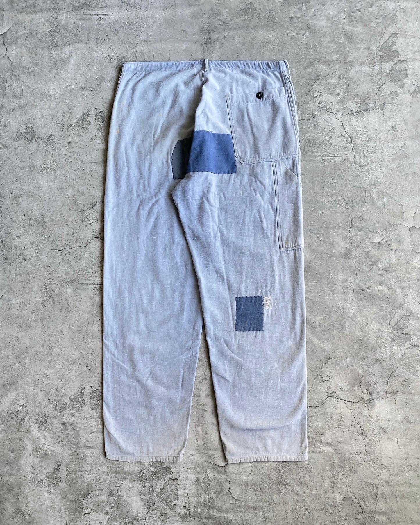 1960S FADED BLUE REPAIRED FRENCH WORK TROUSERS (35x30)