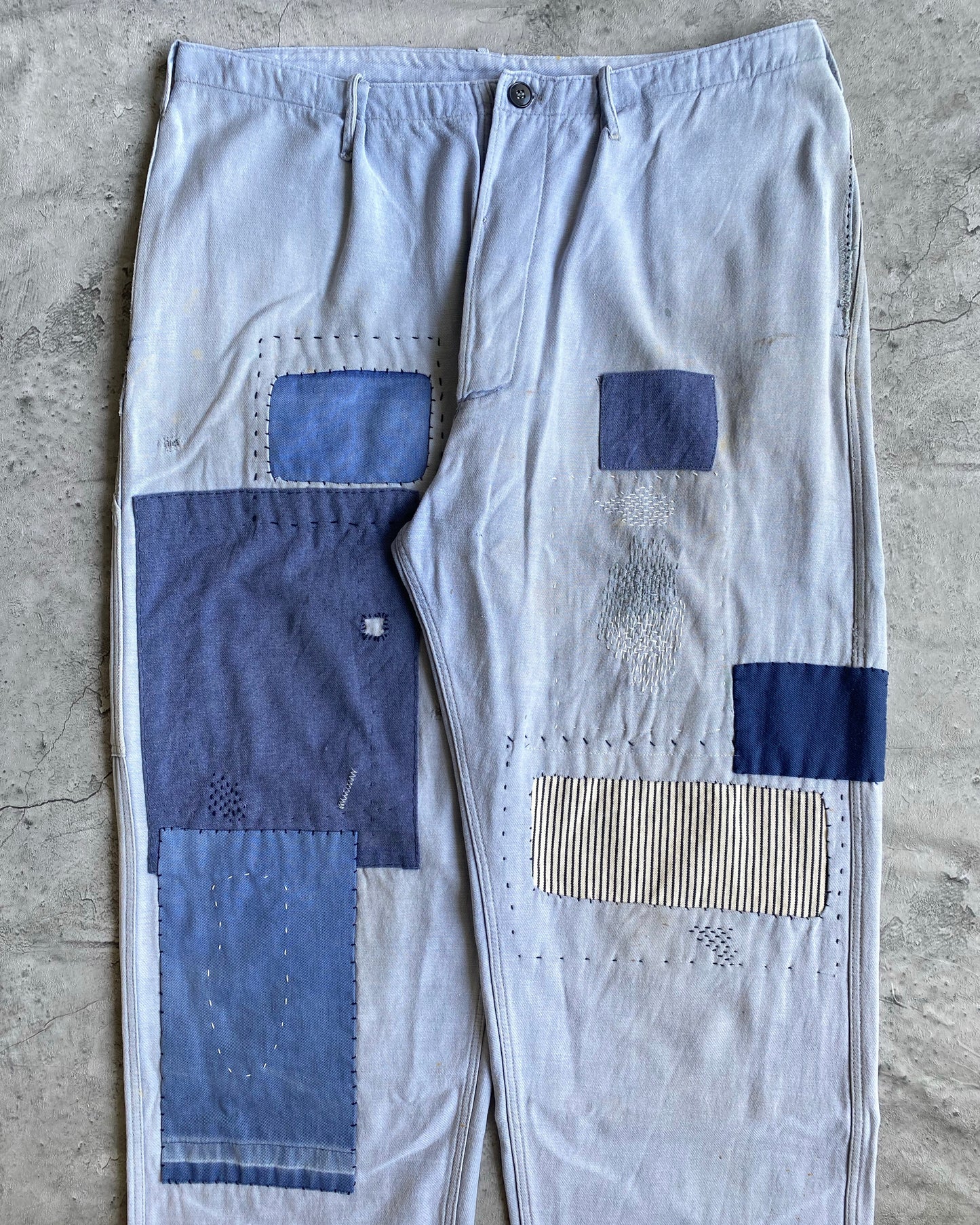 1960S FADED BLUE REPAIRED FRENCH WORK TROUSERS (35x30)