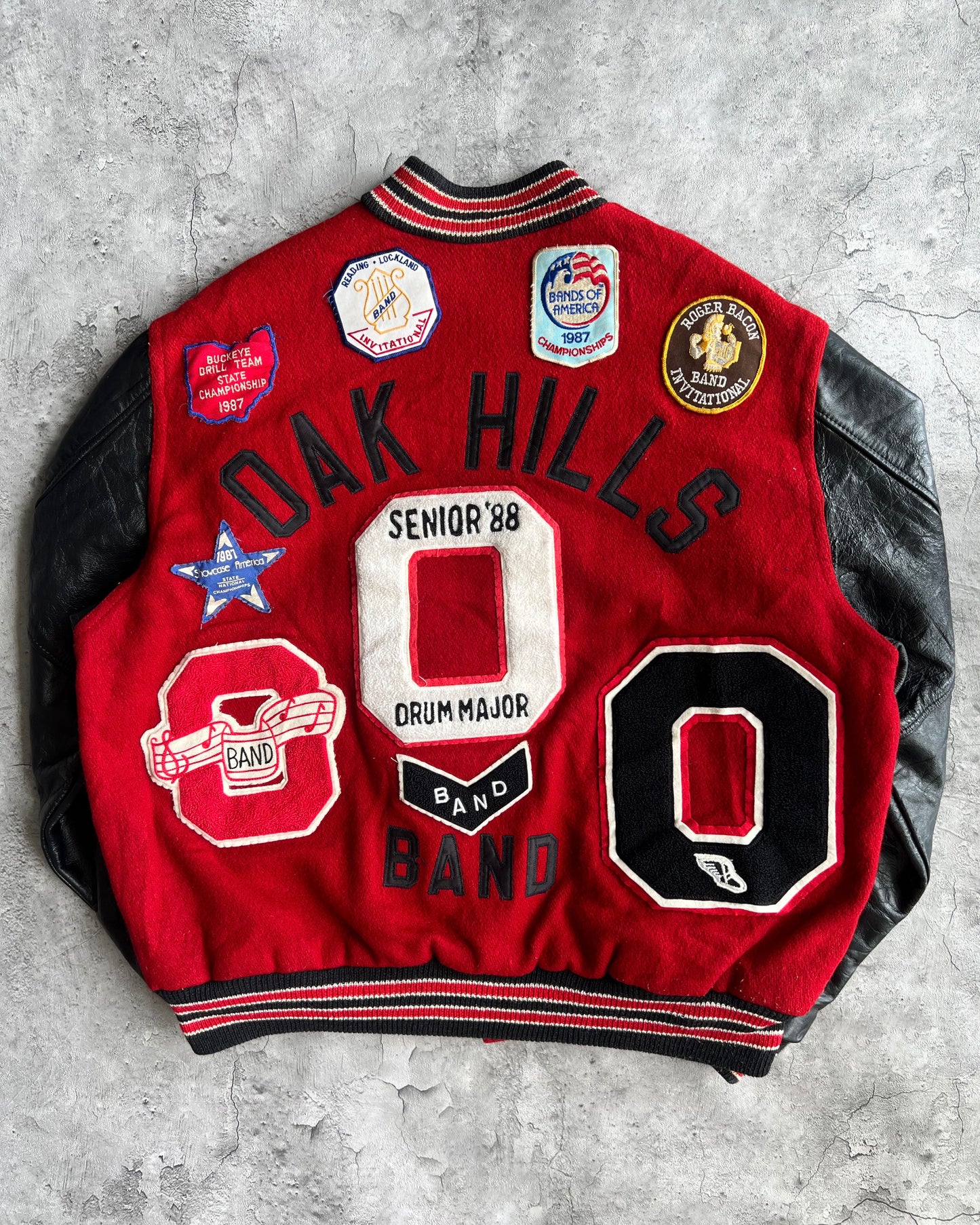 1980S 'OAK HILLS BAND' LEATHER SLEEVES VARSITY JACKETS (XL)