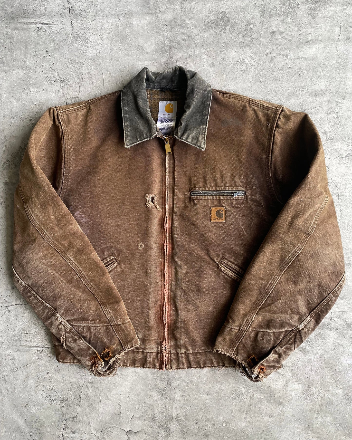 1990S SUN FADED BROWN DISTRESSED CARHARTT DETROIT JACKET (M)