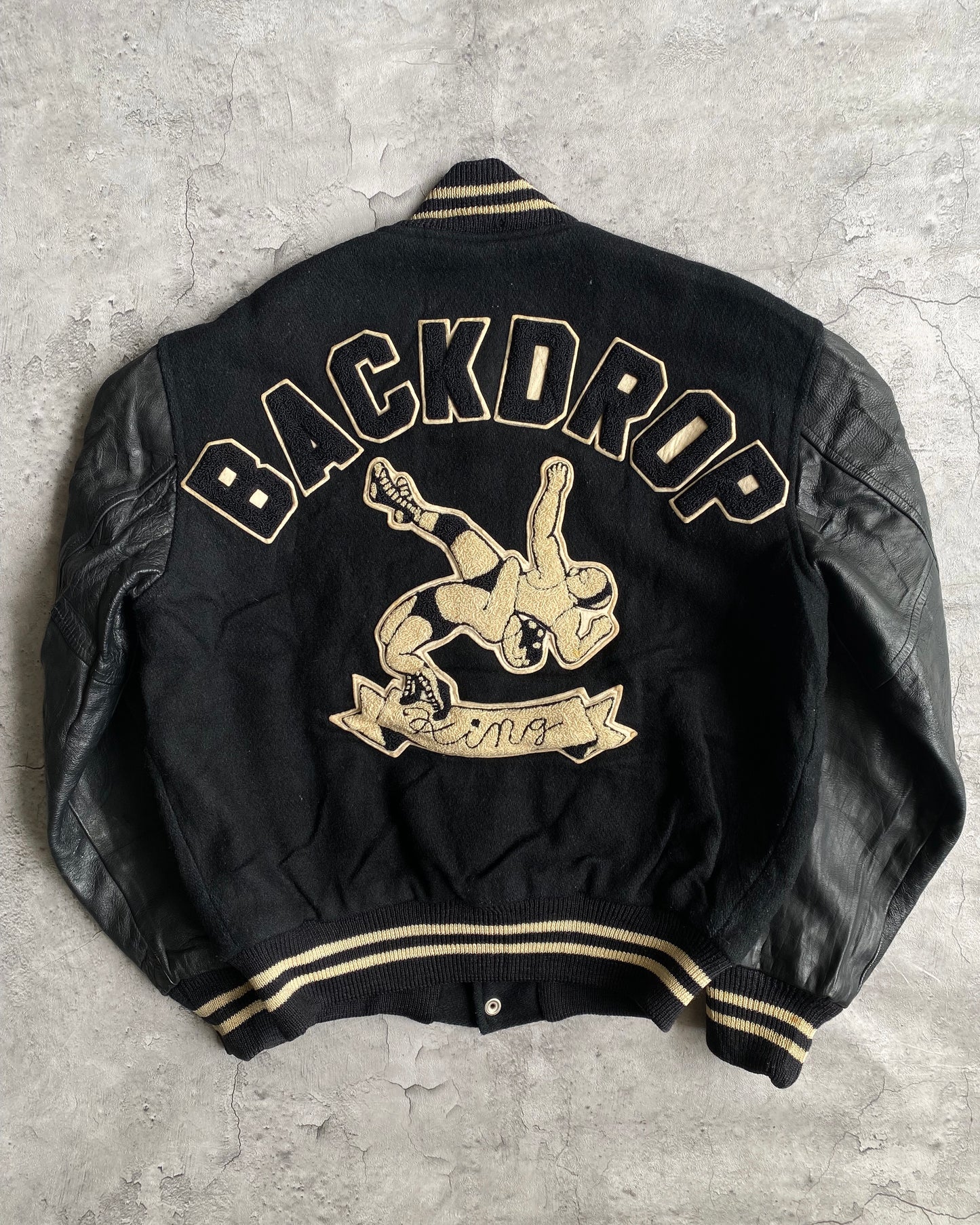 1977 'BACKDROP KING' LEATHER SLEEVES VARSITY JACKET (M/L)