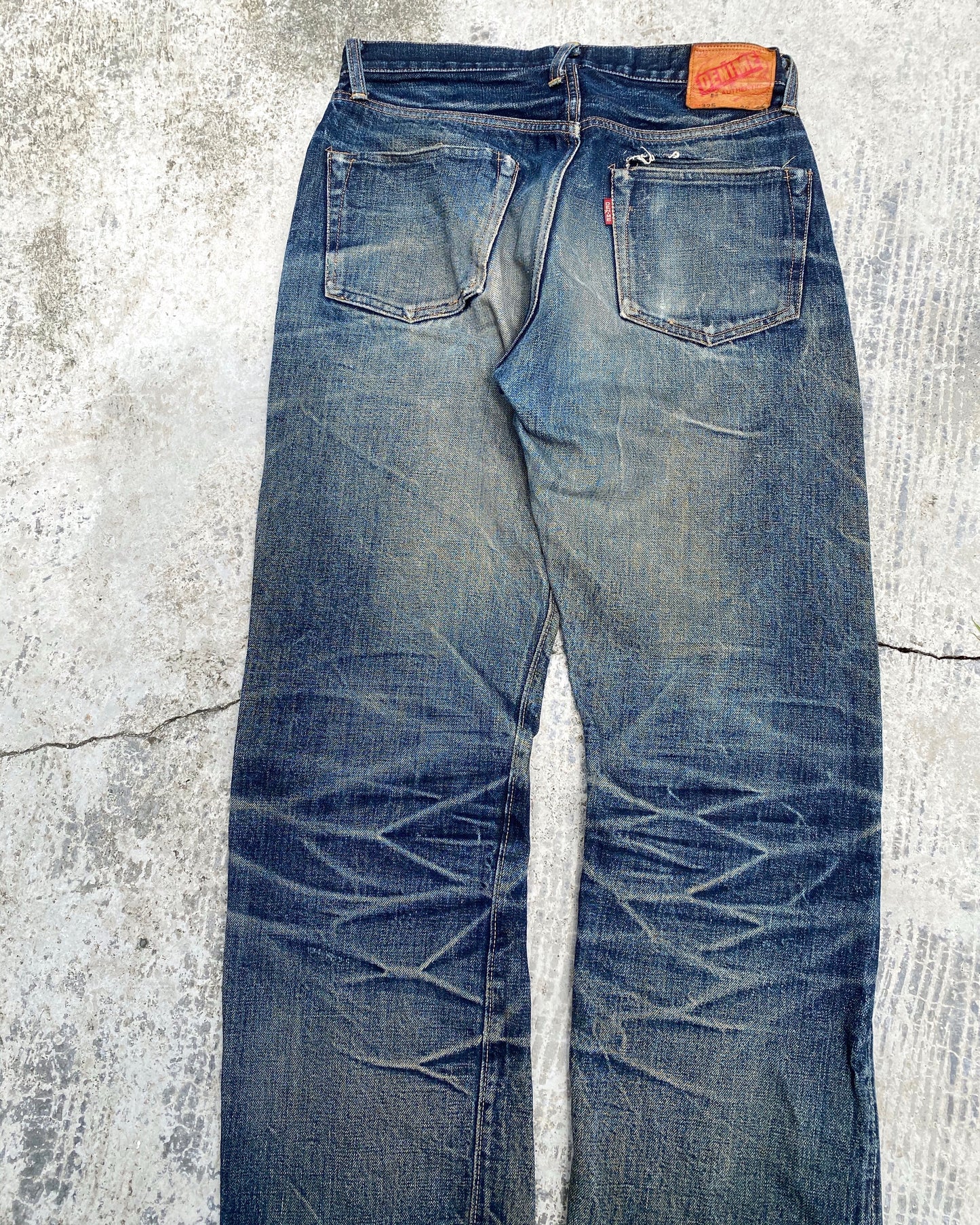 1990S DENIME MUD WASH REPAIRED SELVEDGE JEANS (32X36)