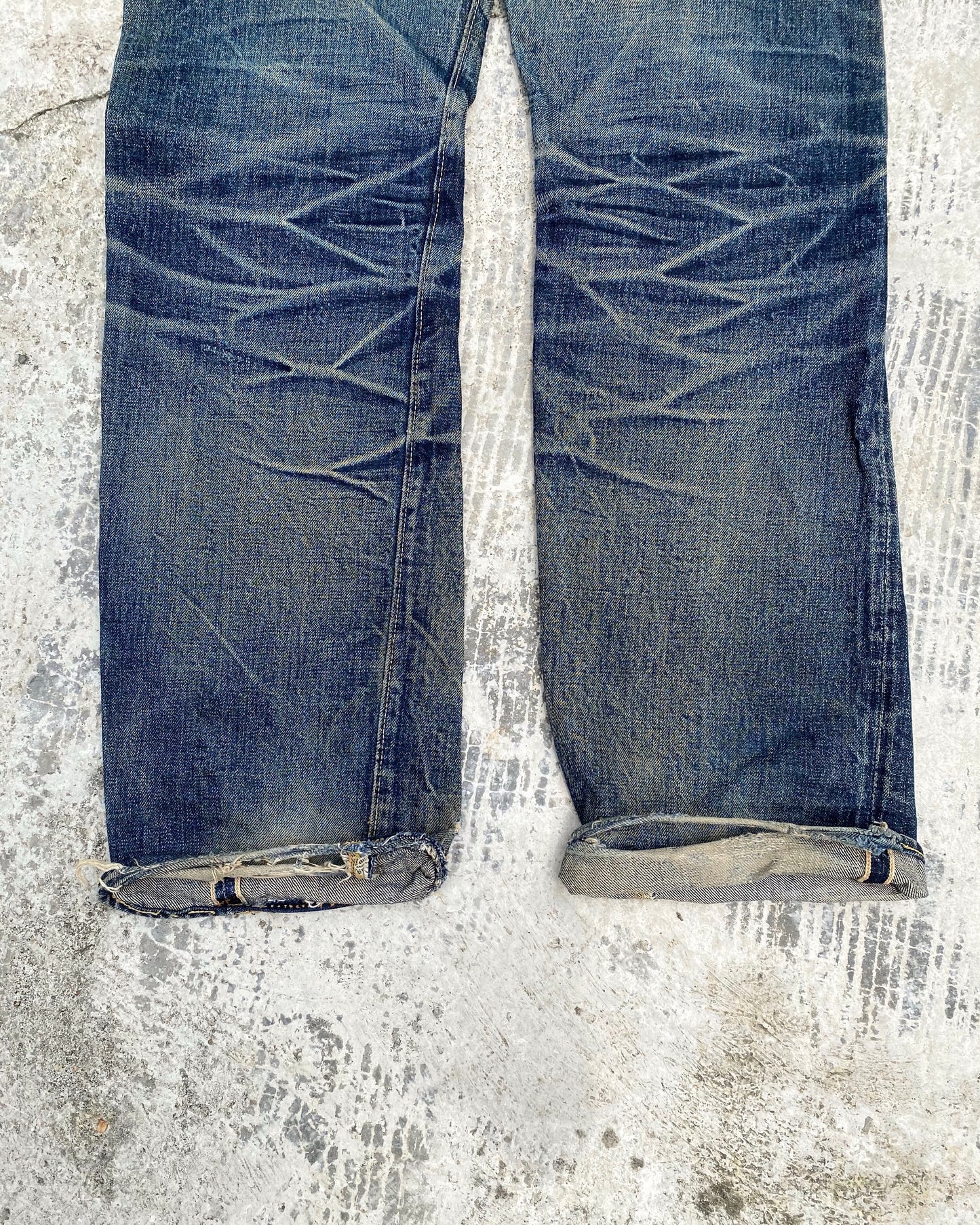 1990S DENIME MUD WASH REPAIRED SELVEDGE JEANS (32X36)
