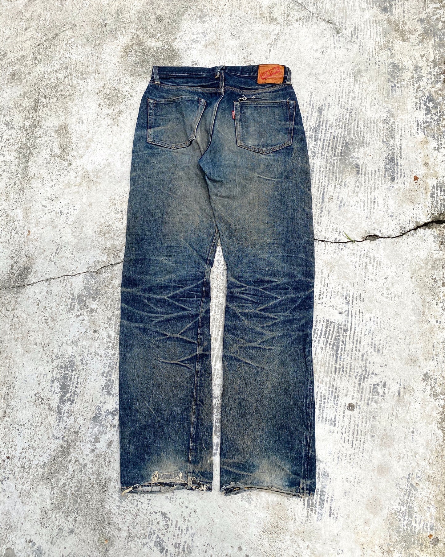 1990S DENIME MUD WASH REPAIRED SELVEDGE JEANS (32X36)