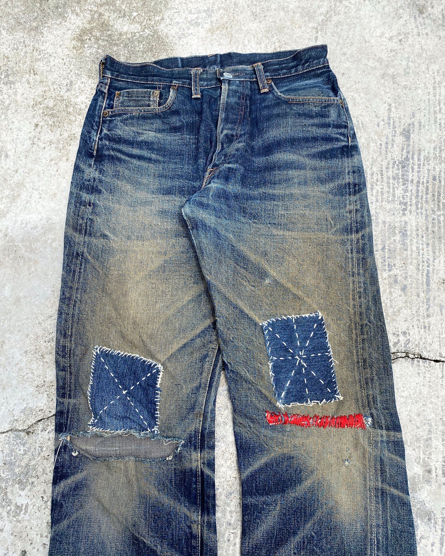 1990S DENIME MUD WASH REPAIRED SELVEDGE JEANS (32X36)