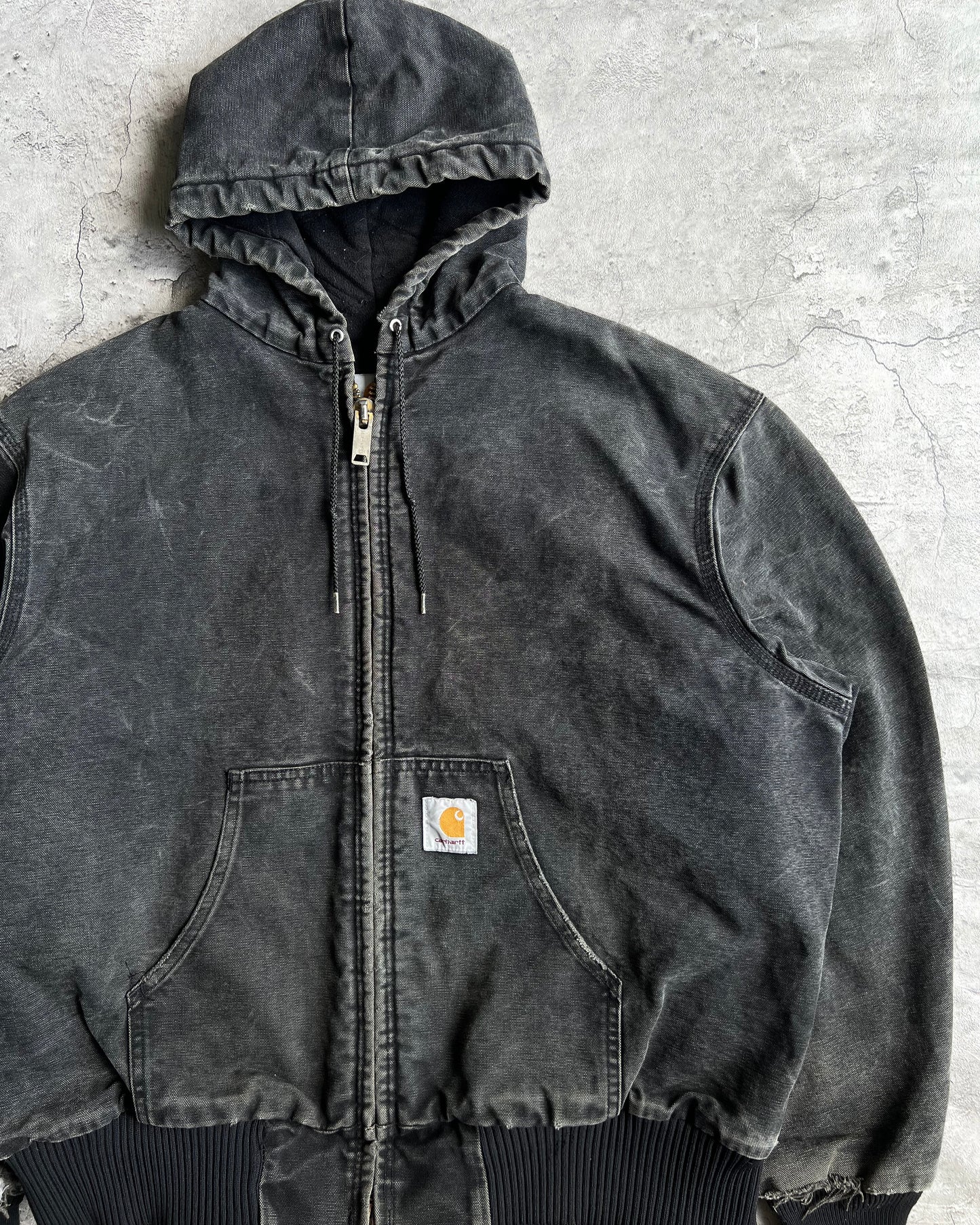 1990S BLACK STONE WASHED CARHARTT HOODED WORK JACKET (L/XL)