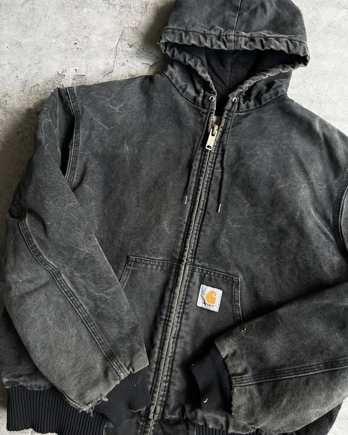 1990S BLACK STONE WASHED CARHARTT HOODED WORK JACKET (L/XL)