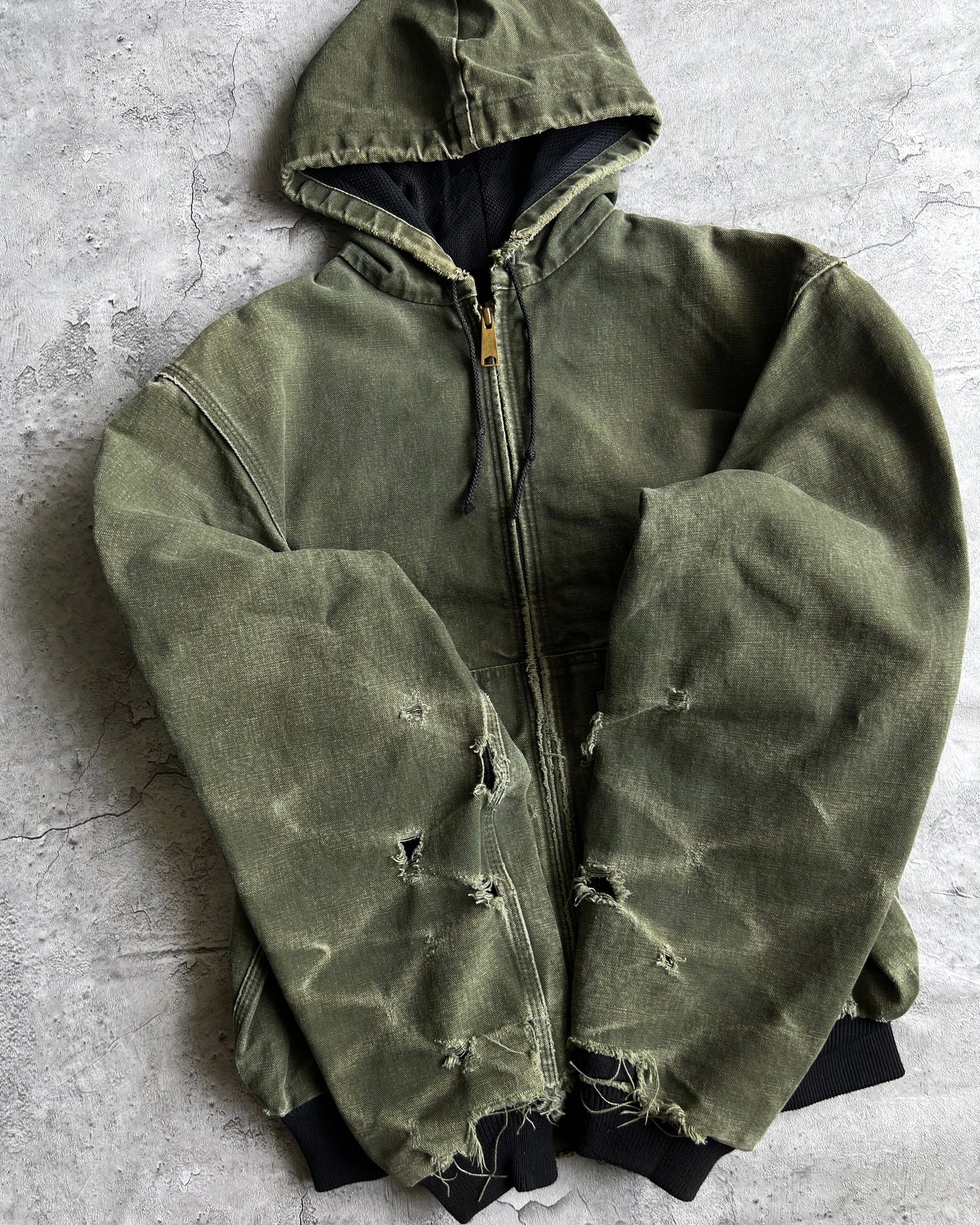 1990S DISTRESSED FADED GREEN CARHARTT HOODED WORK JACKET (S-L)