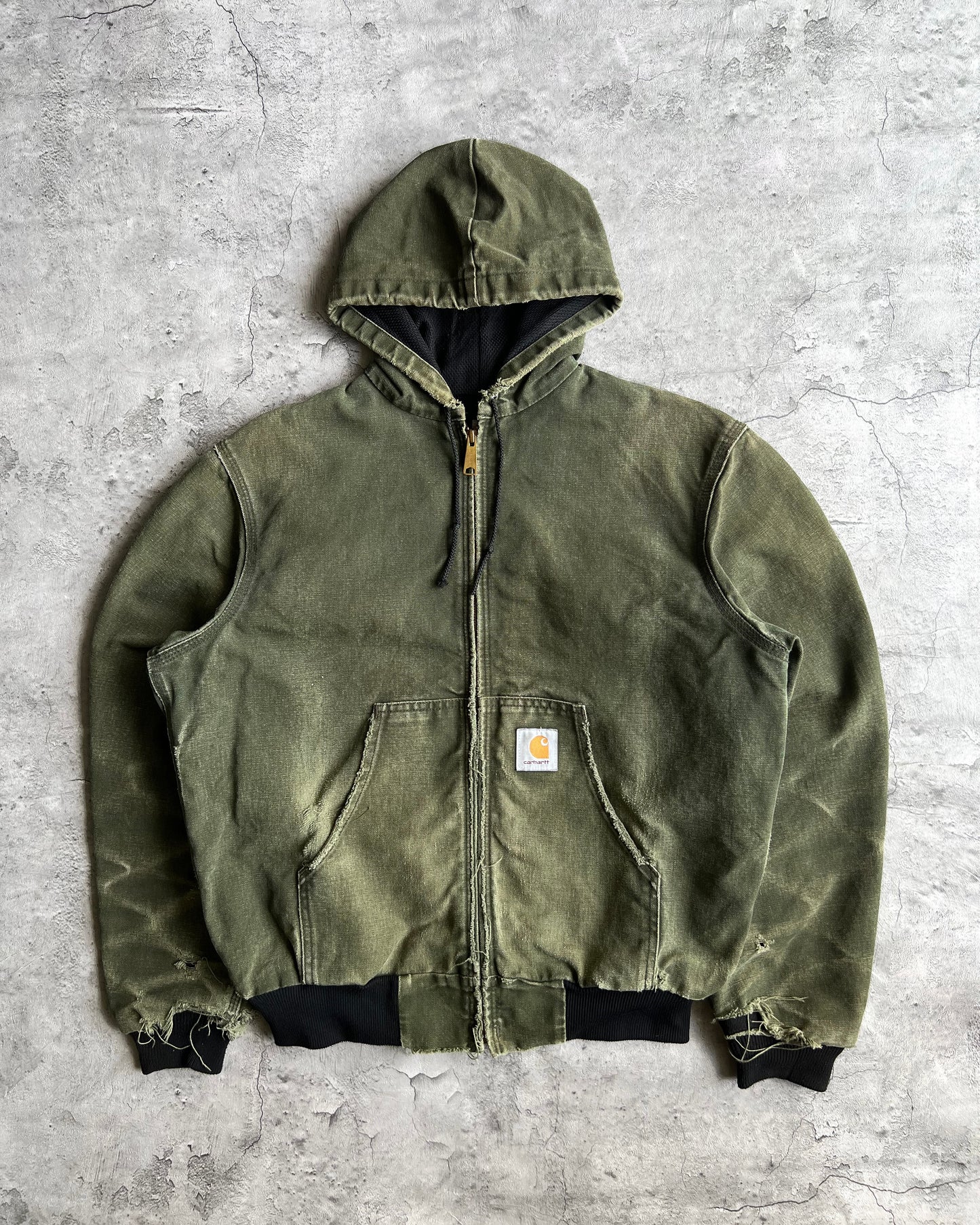 1990S DISTRESSED FADED GREEN CARHARTT HOODED WORK JACKET (S-L)