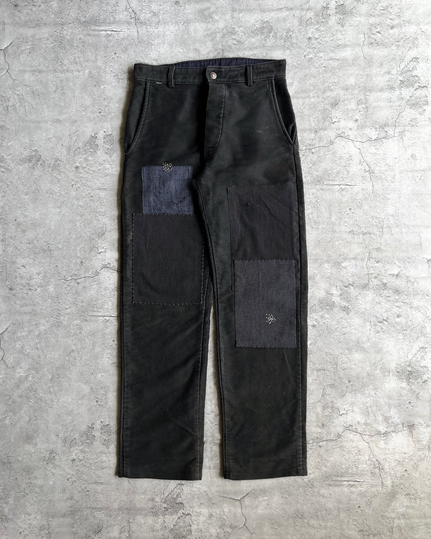 1980S BLACK FRENCH MOLESKIN PATCHED TROUSERS (31X31)