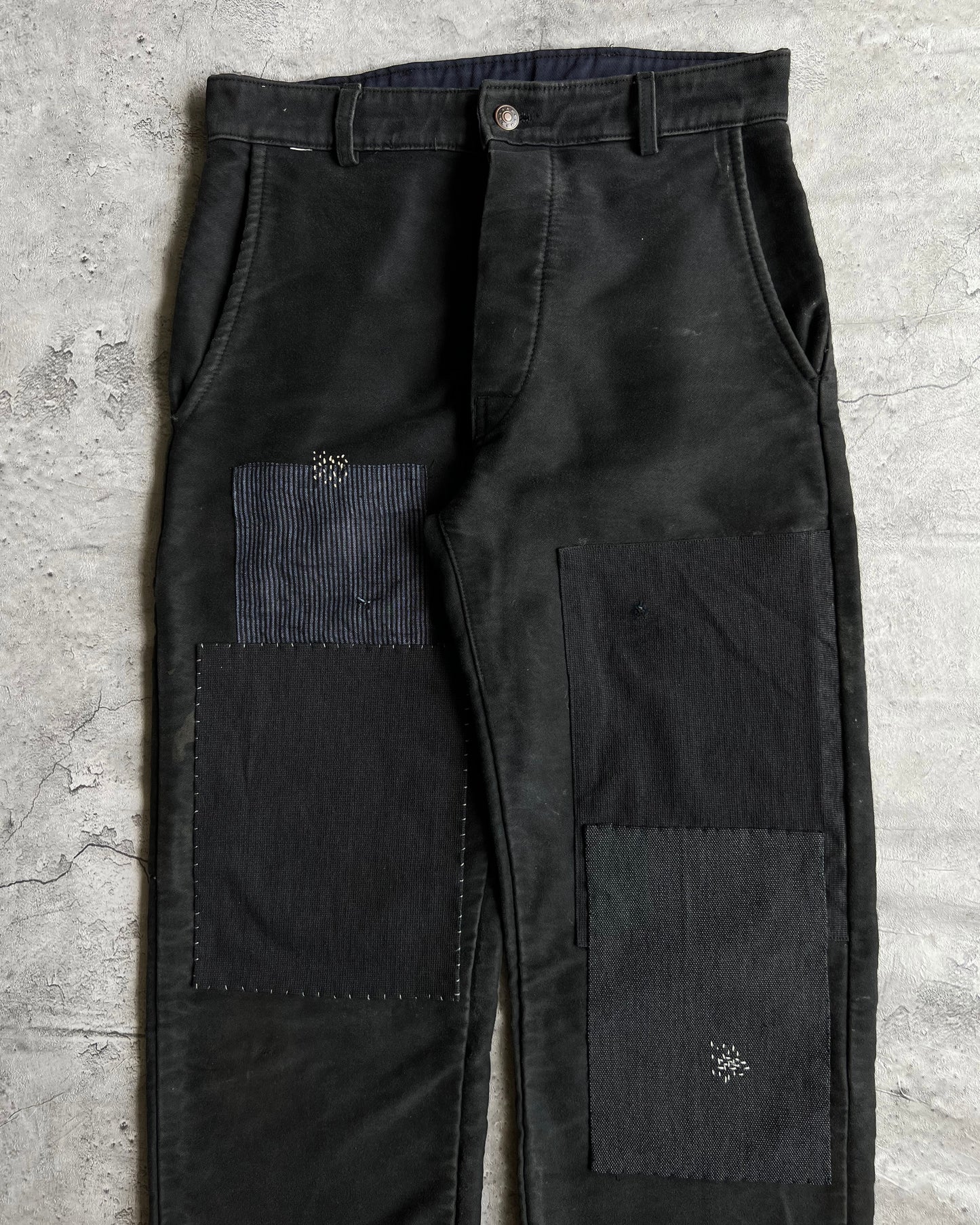 1980S BLACK FRENCH MOLESKIN PATCHED TROUSERS (31X31)