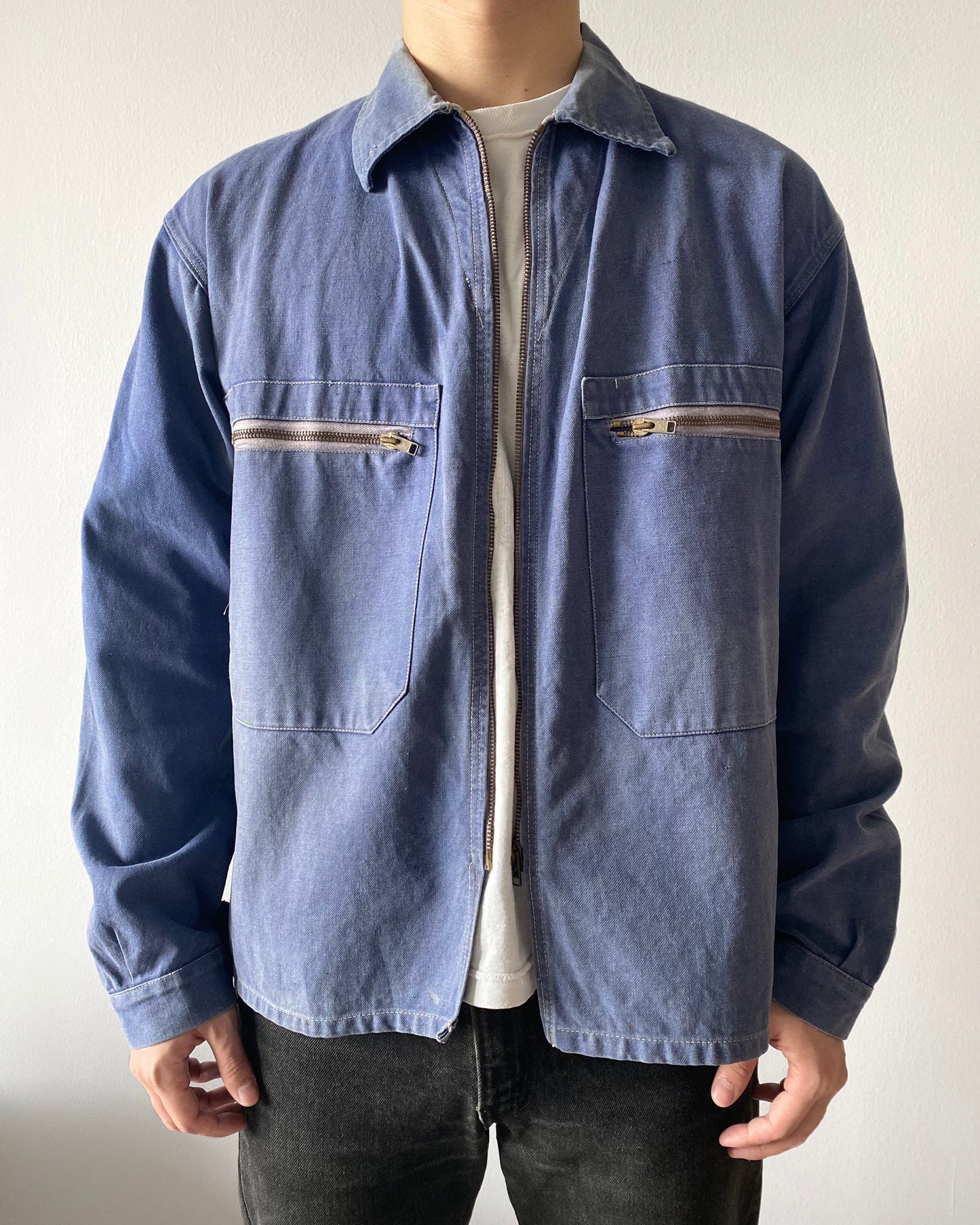 1960S SUN FADED INDIGO FRENCH WORK ZIP UP JACKET (M/L)