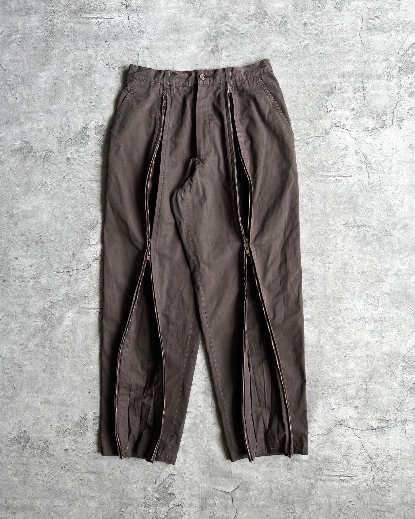 1980S BROWN ISSEY MIYAKE DUAL ZIPPER PARACHUTE TROUSERS (29-31)