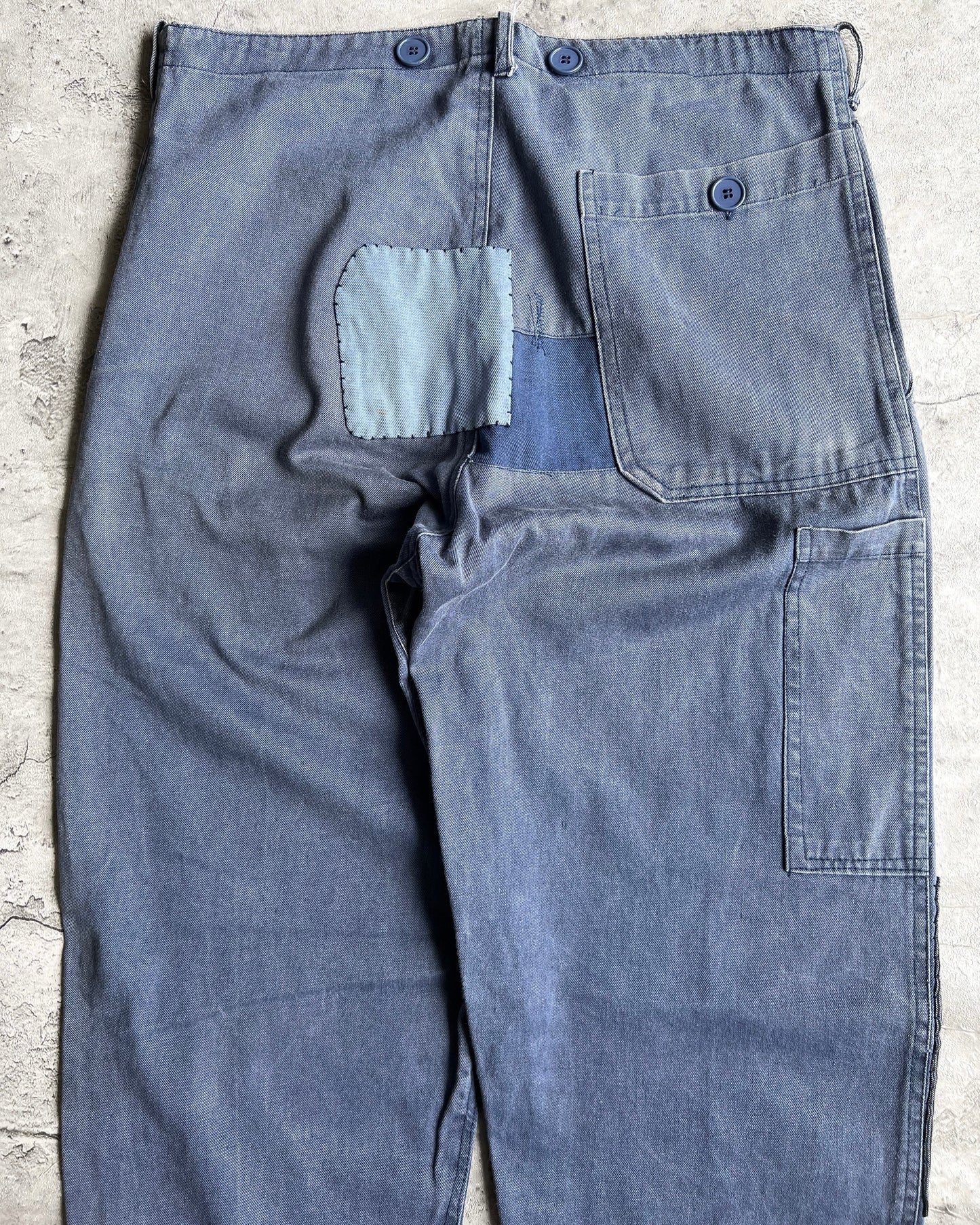 1980S INDIGO PATCHED FRENCH WORK TROUSERS (32X33)
